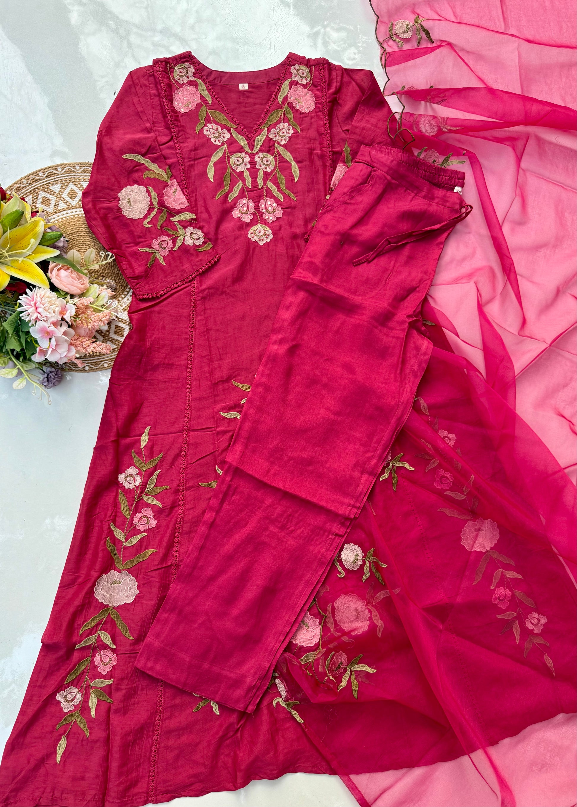 “ROSE” Premium embroidered Mul chanderi anarkali suit set