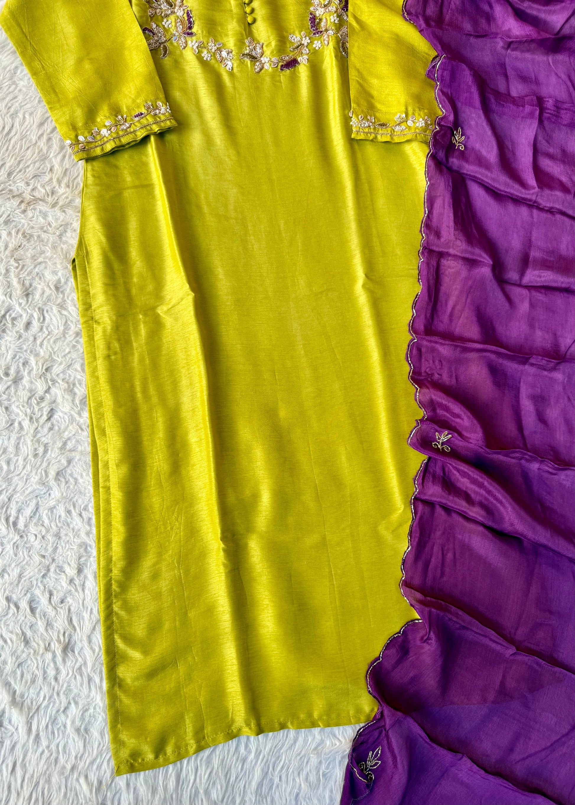 “Aisha” Lime Purple Elegance Dola Silk Kurta Set