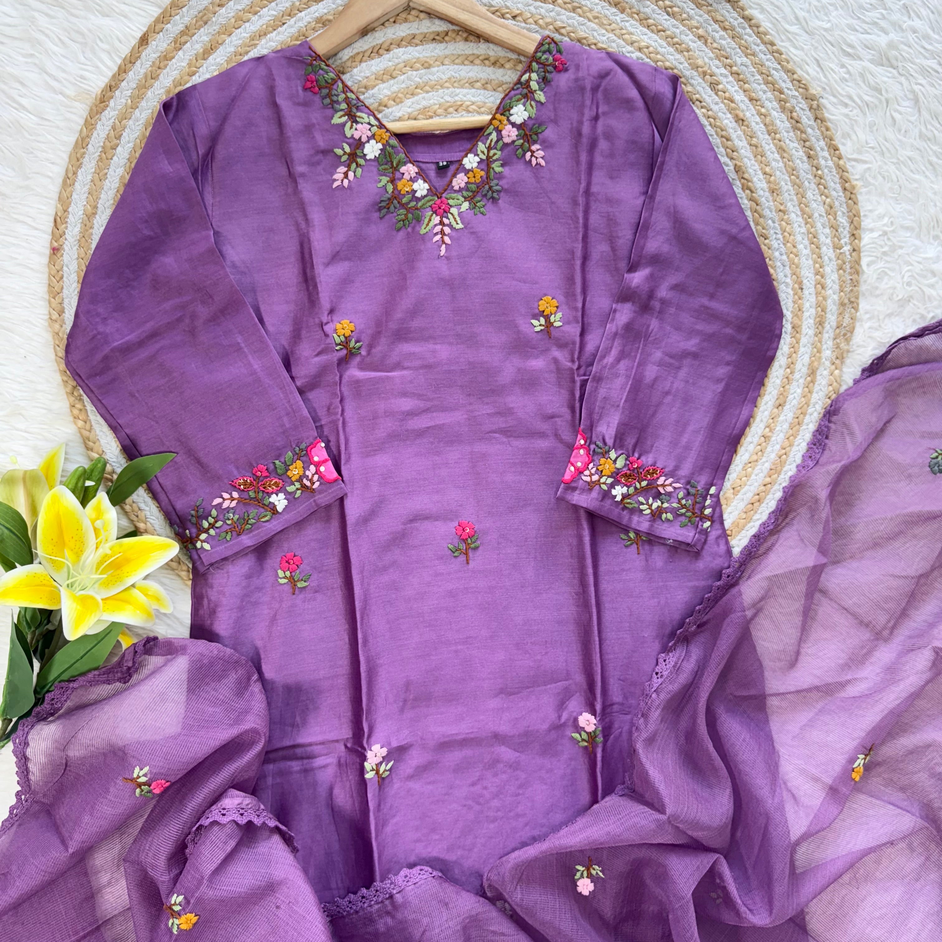 ‘’TANU” Premium thred work Dola Silk Kurta Dupatta Bottom Set
