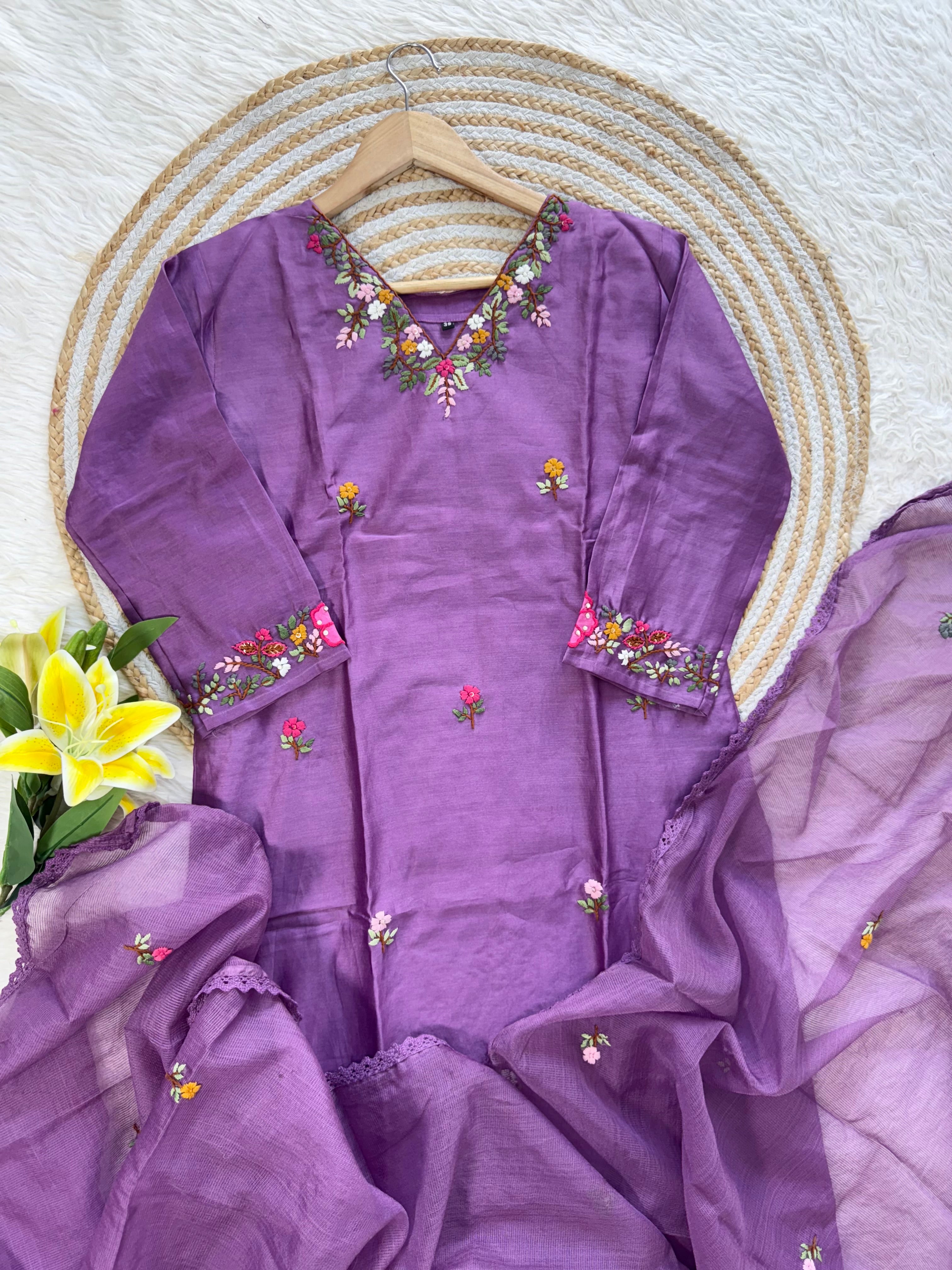 ‘’TANU” Premium thred work Dola Silk Kurta Dupatta Bottom Set