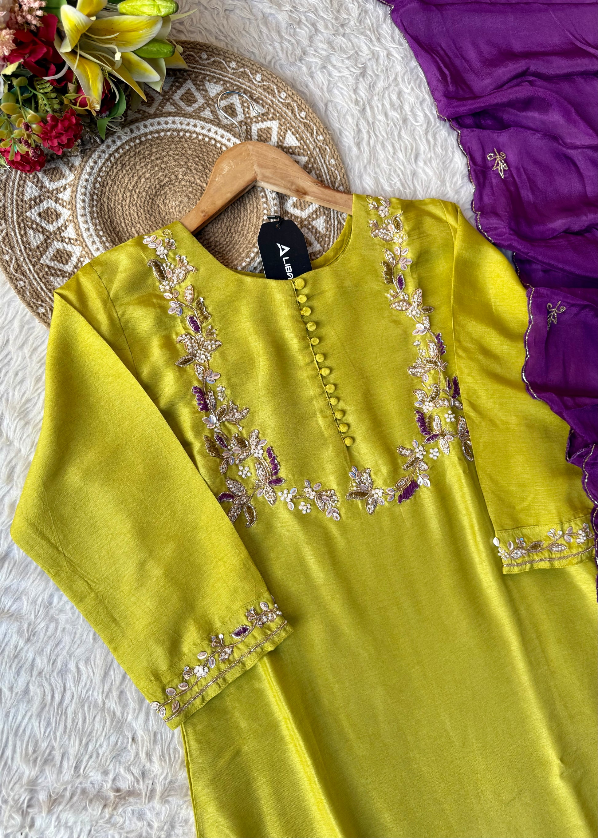 “Aisha” Lime Purple Elegance Dola Silk Kurta Set