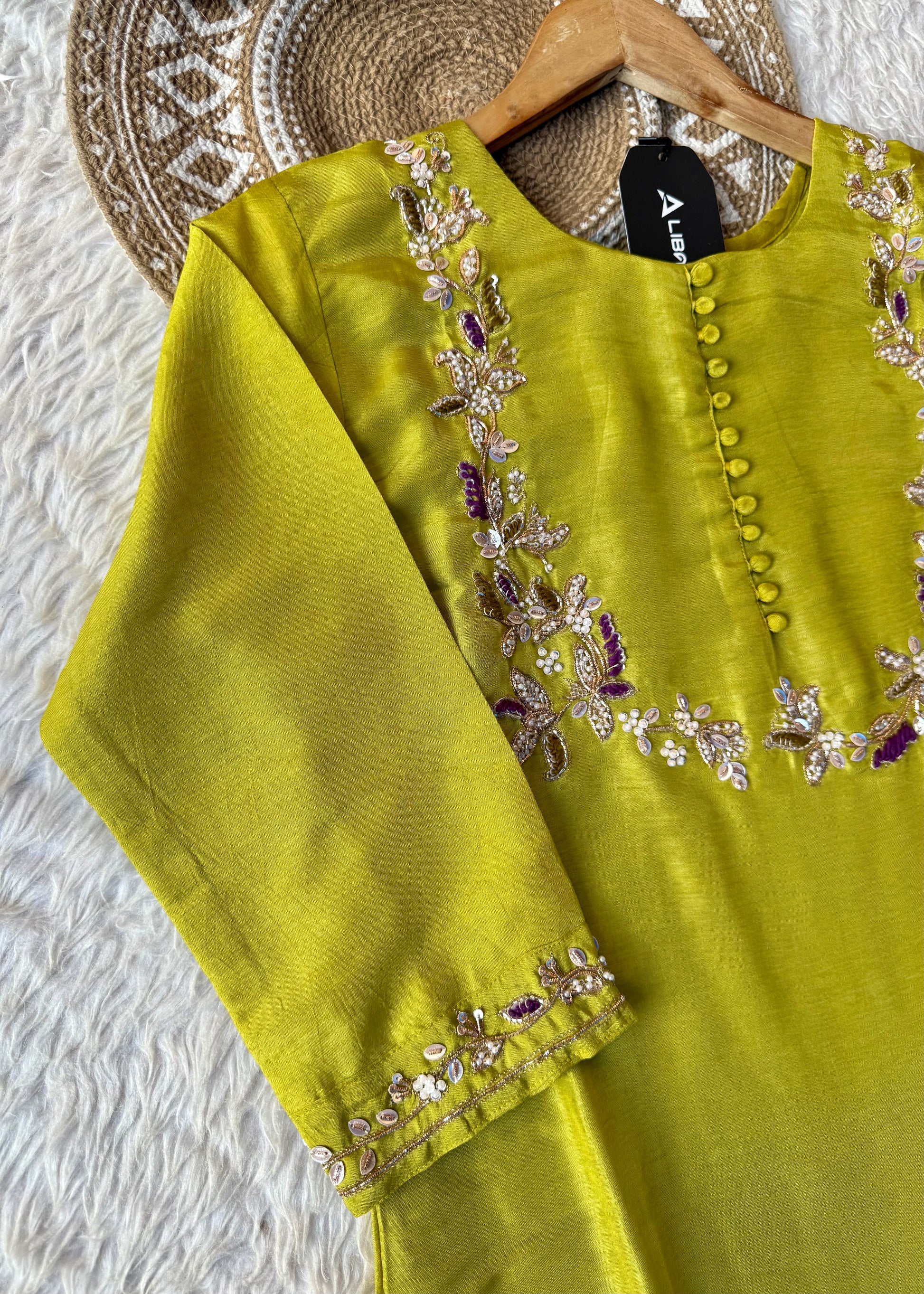 “Aisha” Lime Purple Elegance Dola Silk Kurta Set