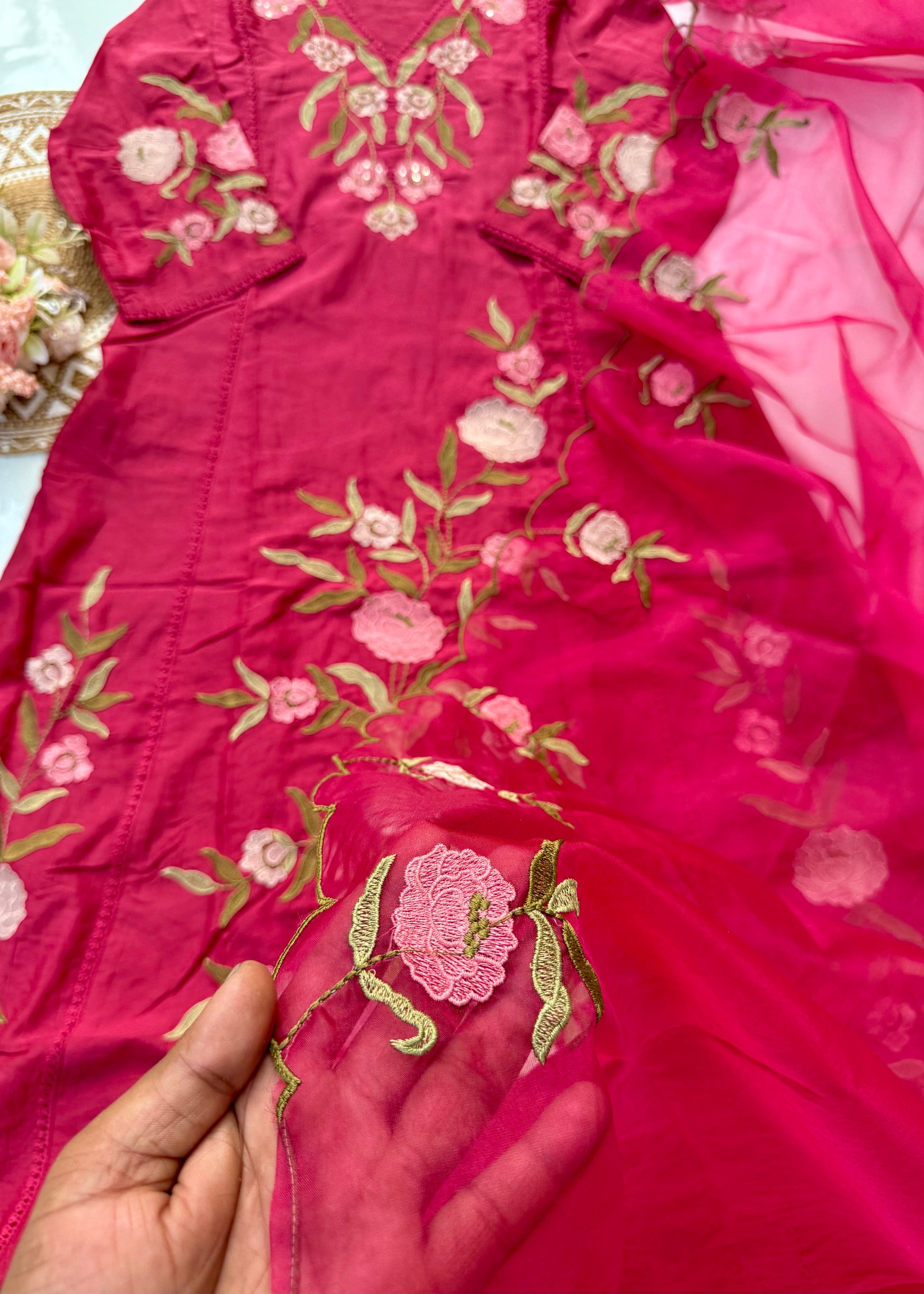 “ROSE” Premium embroidered Mul chanderi anarkali suit set