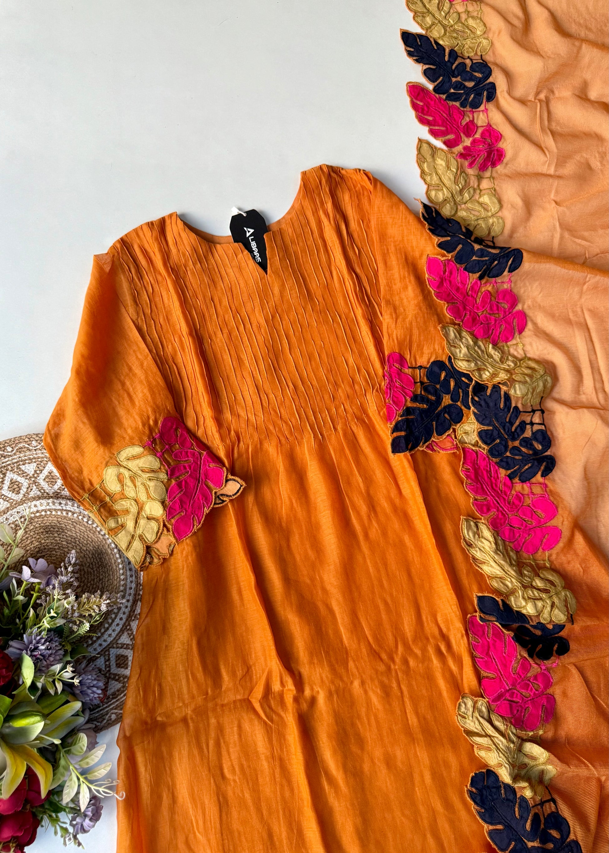 “Kashish” Golden Mustard Mul Chanderi Multicolor Leaf Applique A Line Suit 🛍️