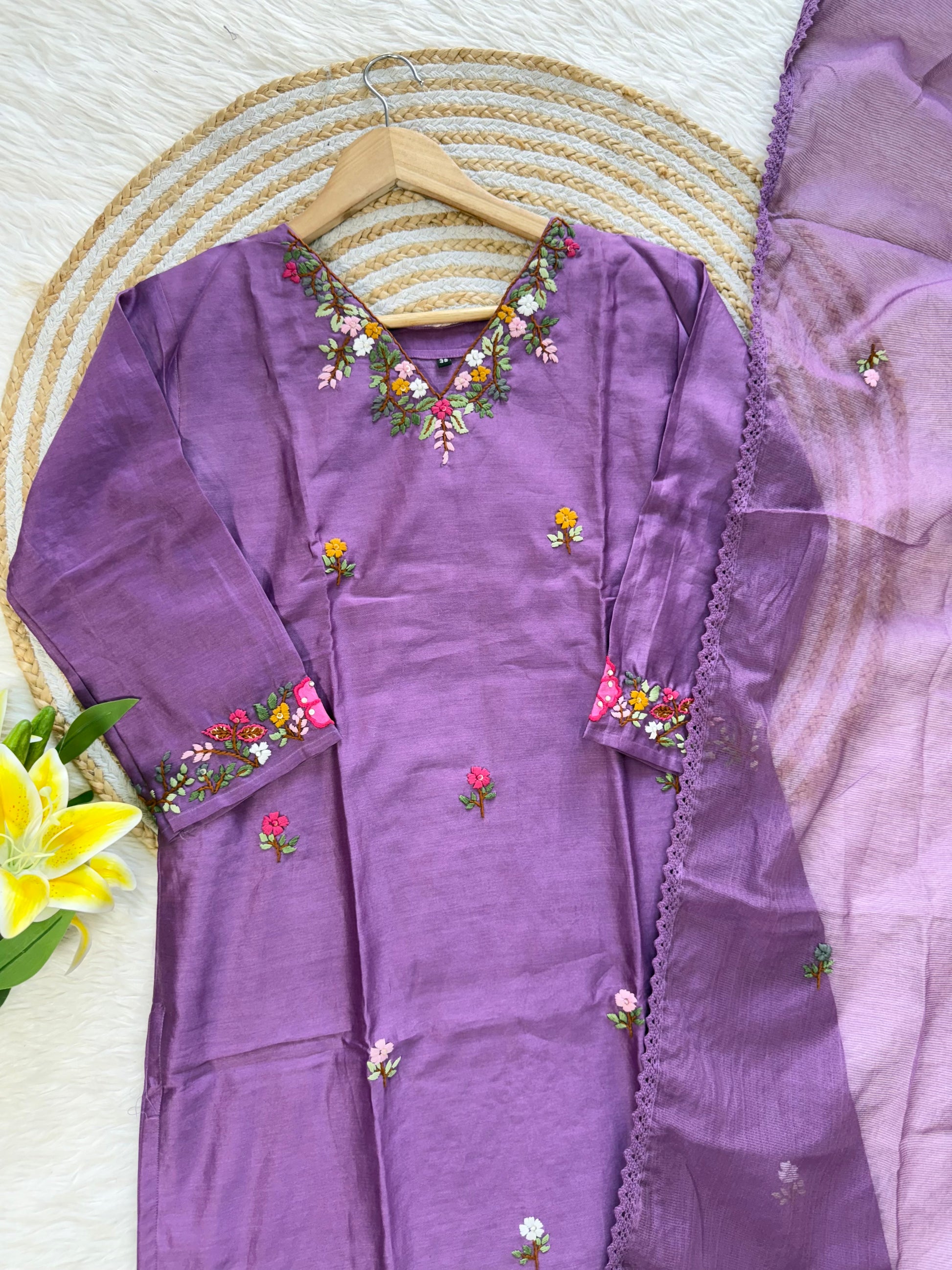 ‘’TANU” Premium thred work Dola Silk Kurta Dupatta Bottom Set
