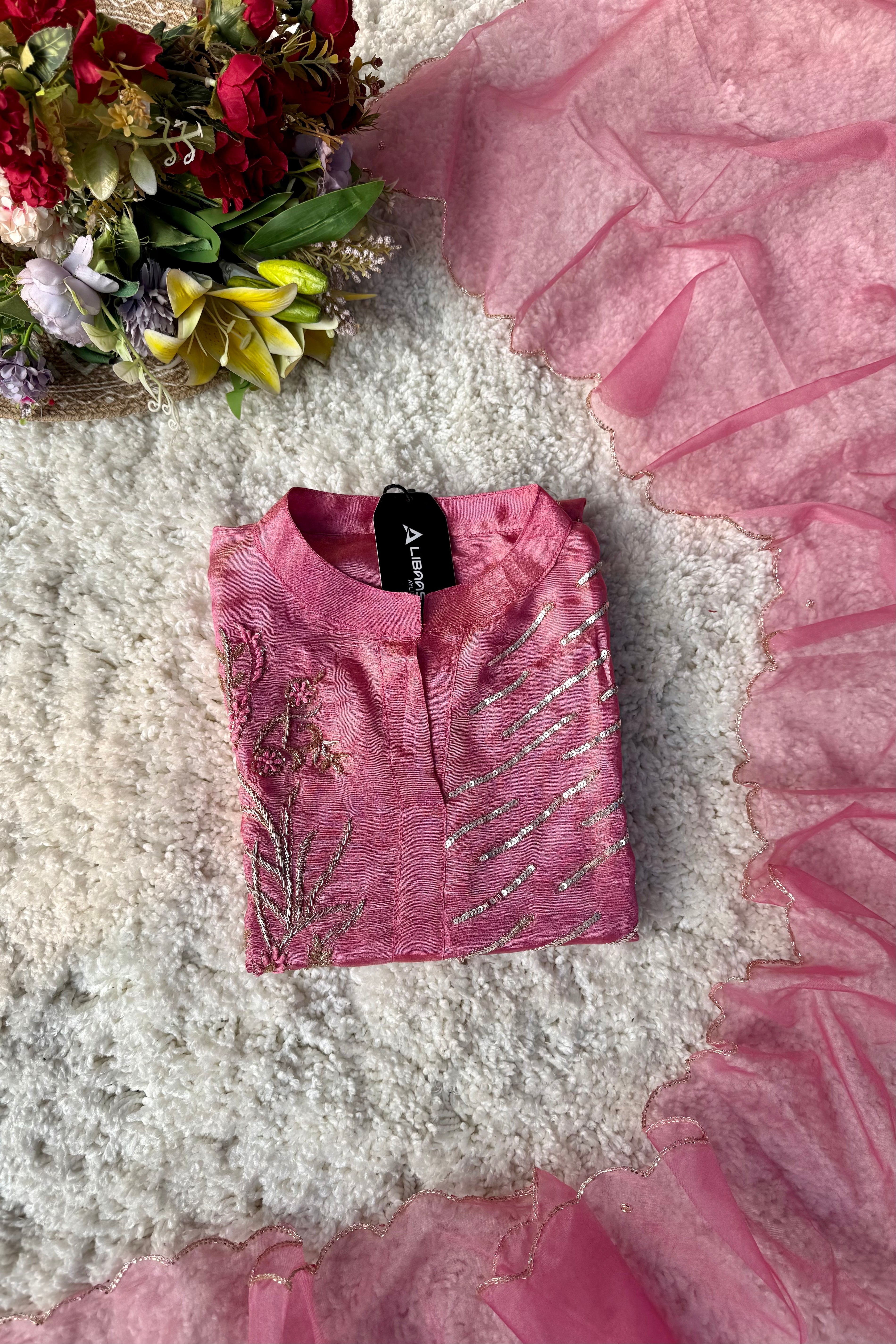 “Zena” Dusty Rose Pink Tissue Silk Kurta Set with Elegant Handwork