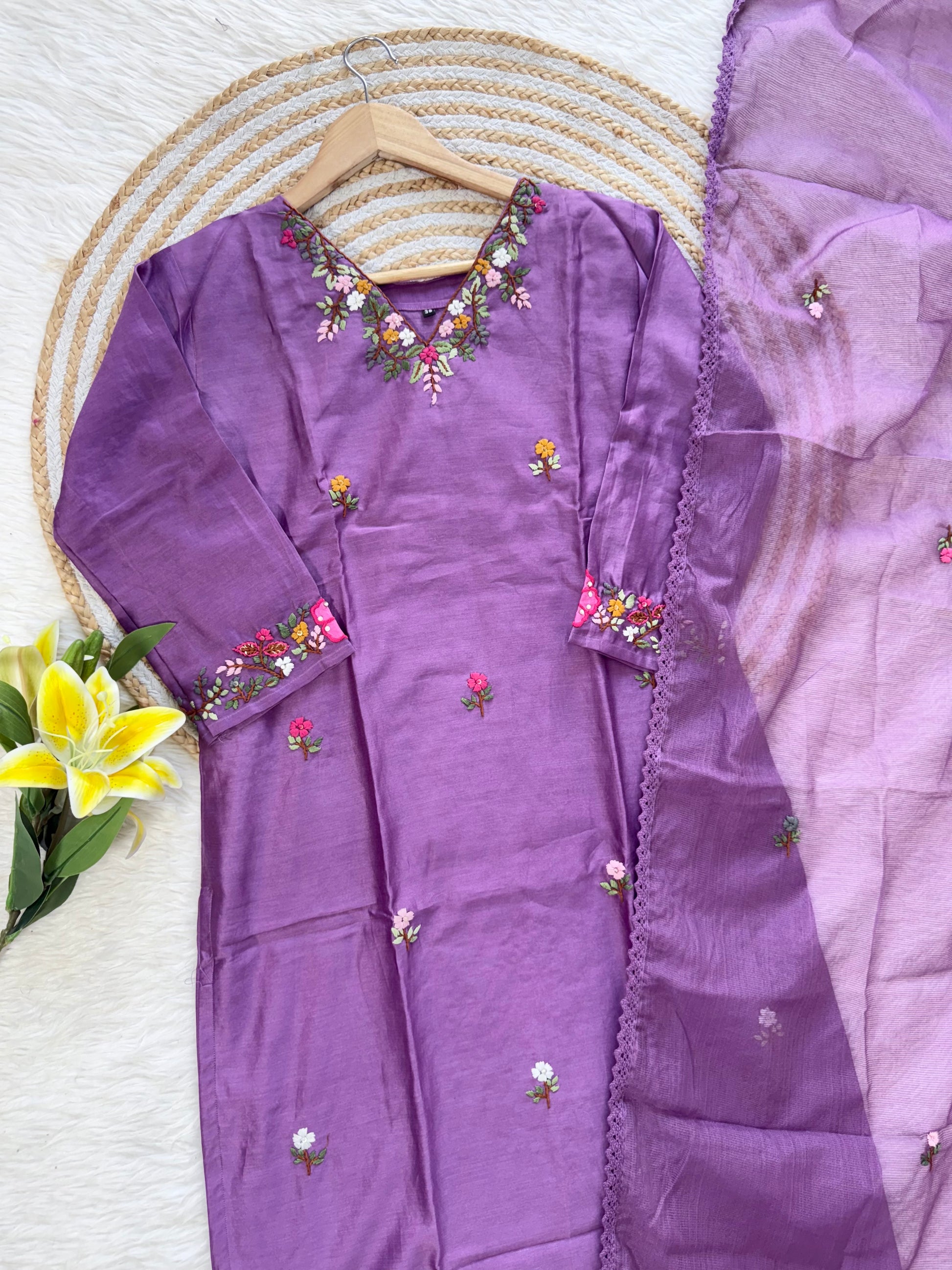 ‘’TANU” Premium thred work Dola Silk Kurta Dupatta Bottom Set