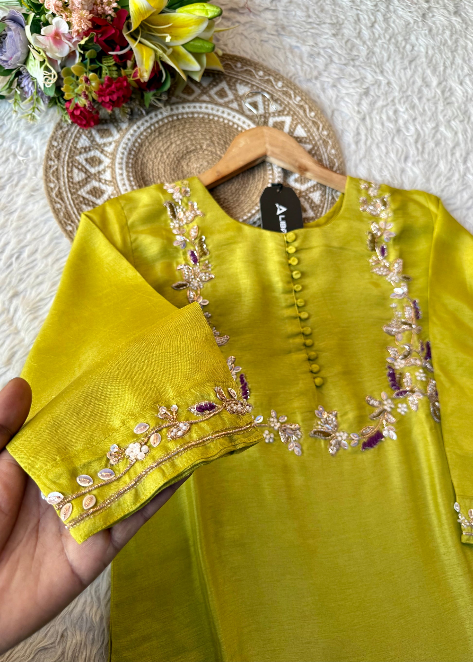 “Aisha” Lime Purple Elegance Dola Silk Kurta Set