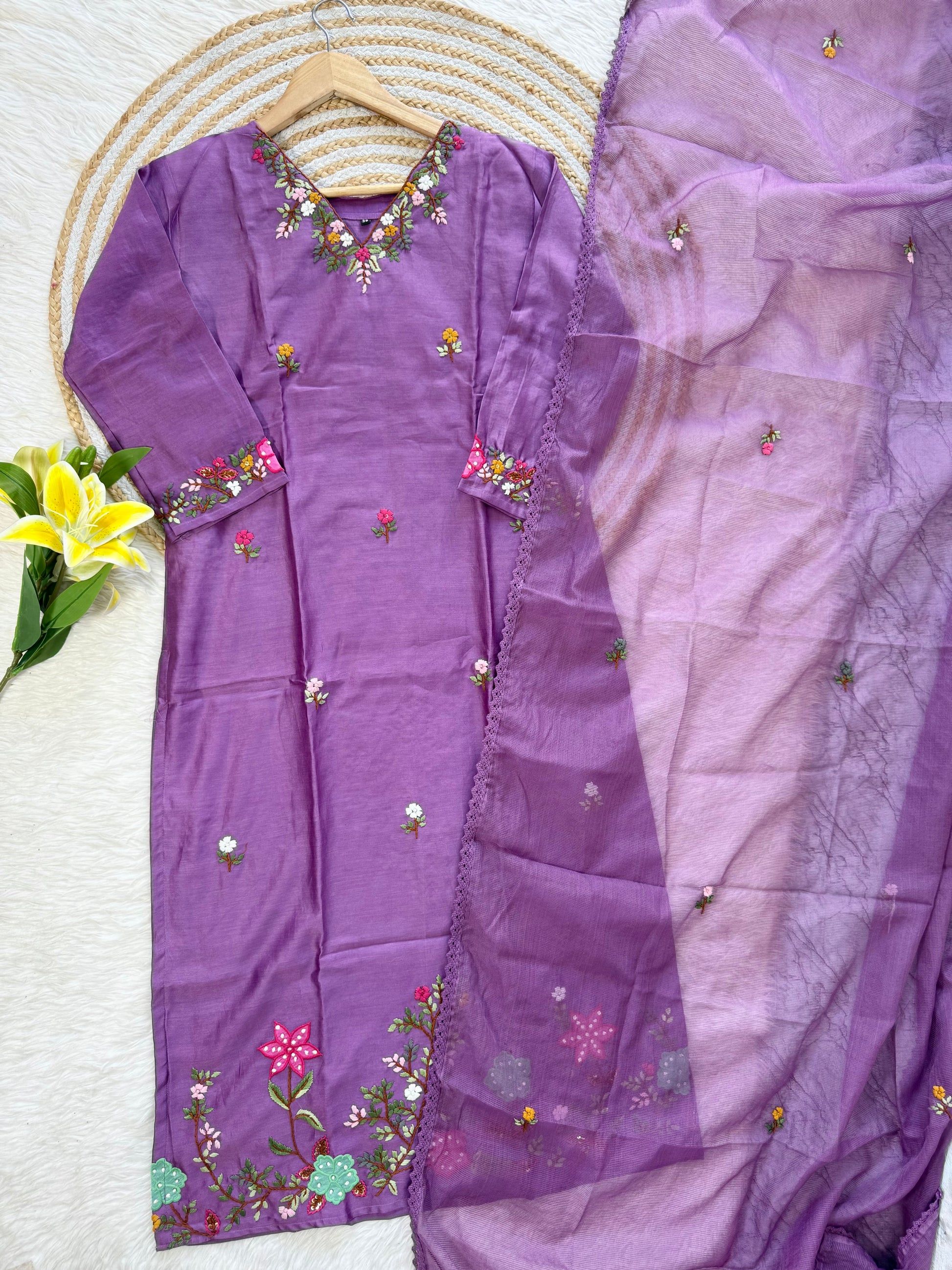 ‘’TANU” Premium thred work Dola Silk Kurta Dupatta Bottom Set