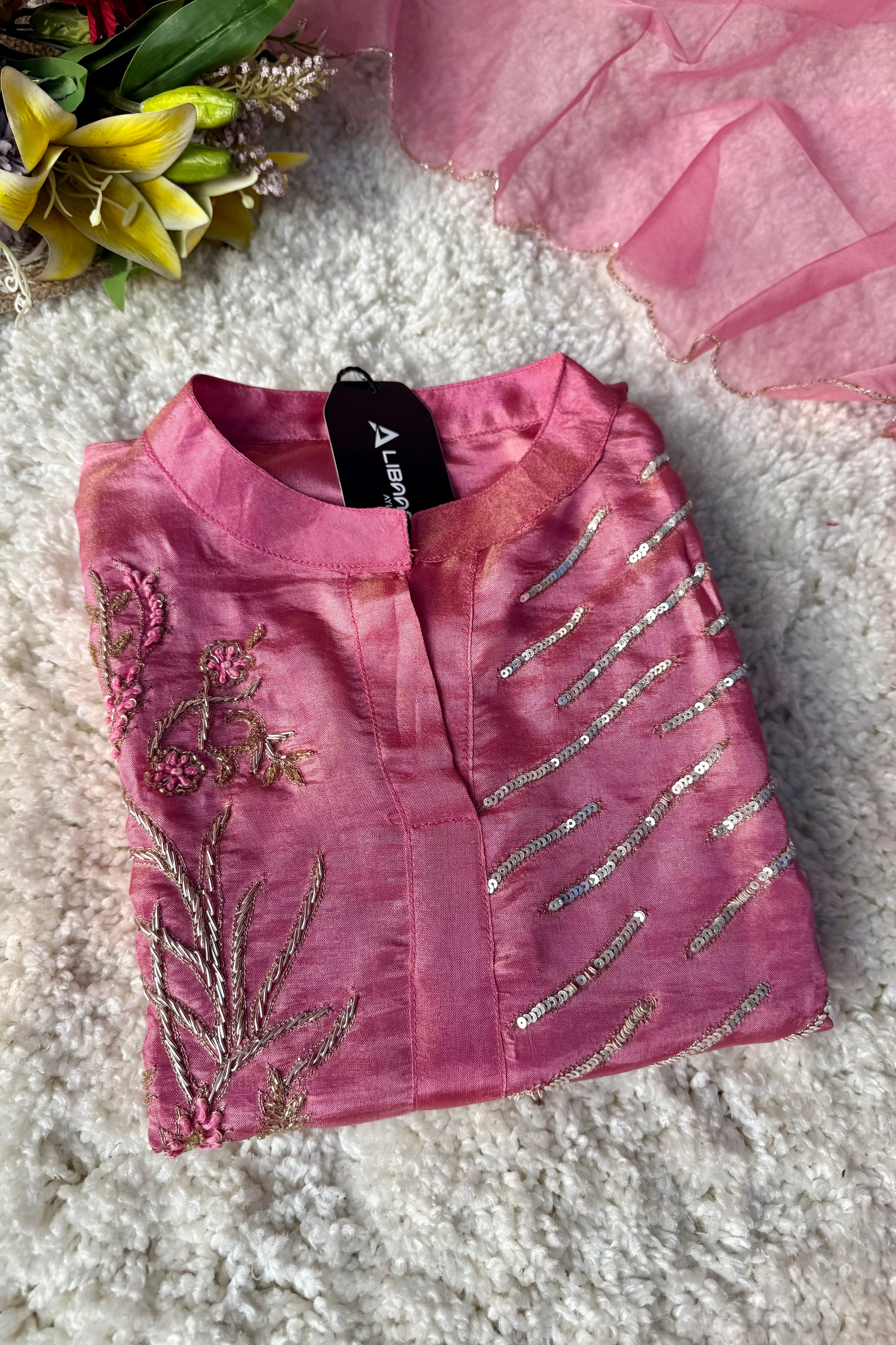 “Zena” Dusty Rose Pink Tissue Silk Kurta Set with Elegant Handwork