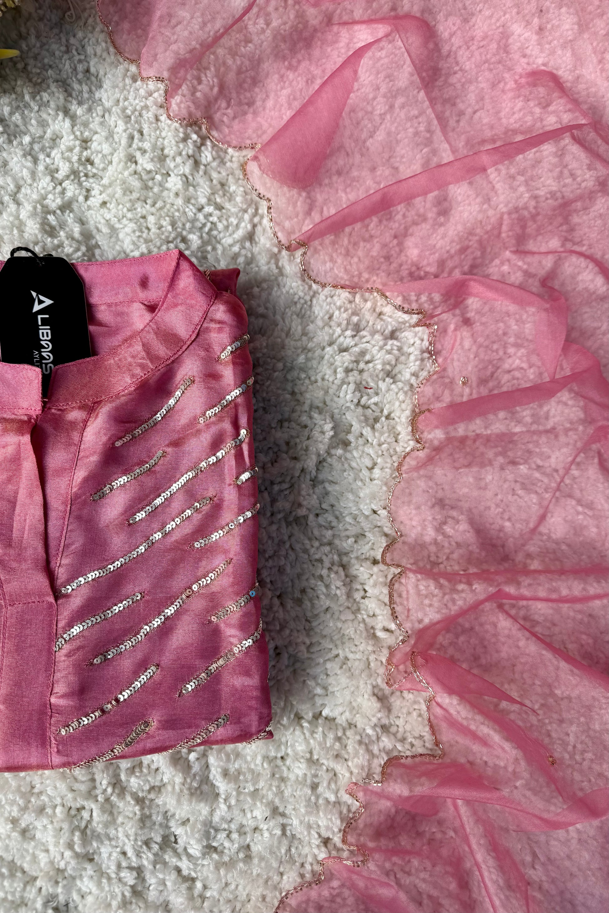 “Zena” Dusty Rose Pink Tissue Silk Kurta Set with Elegant Handwork