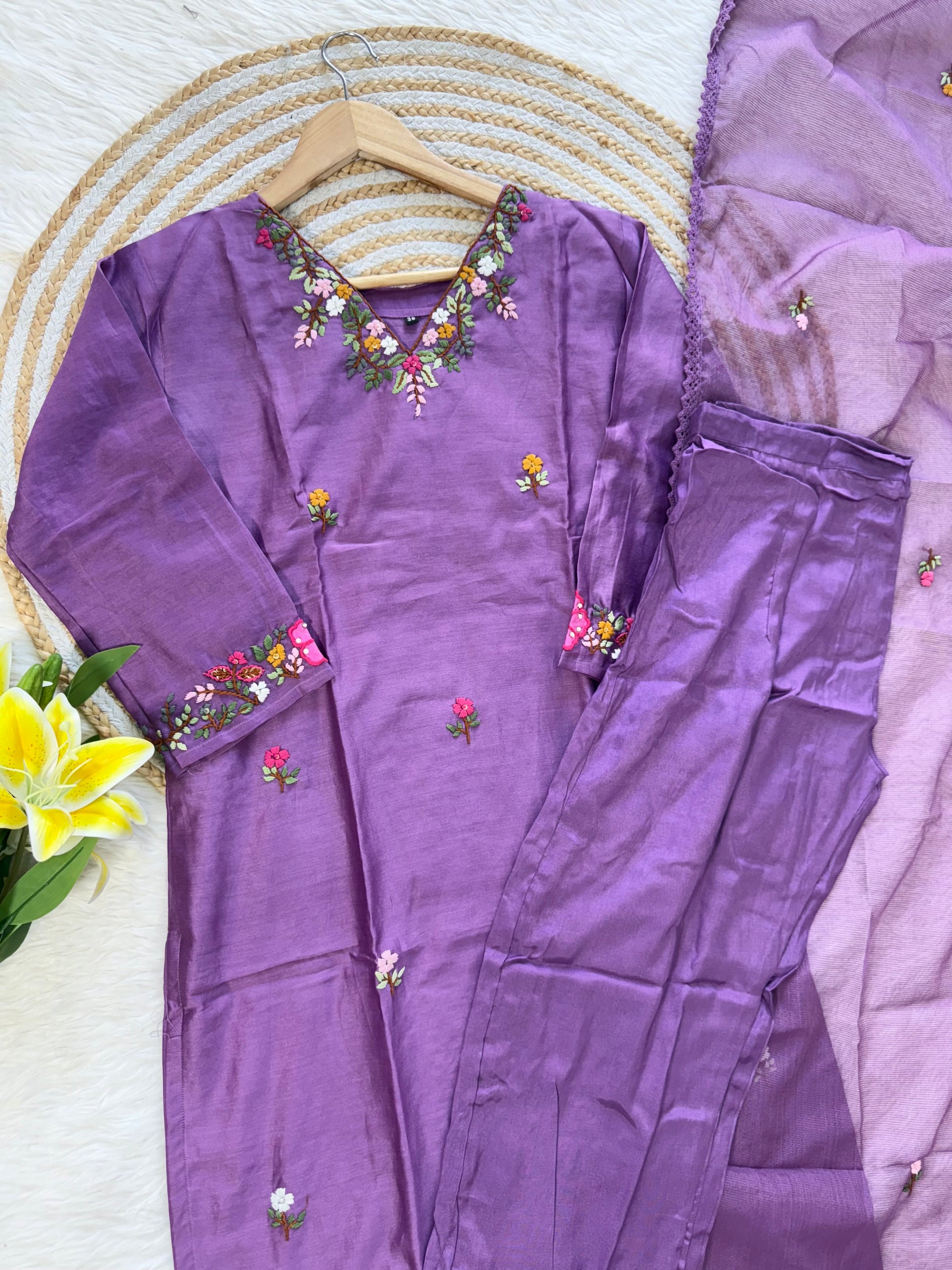 ‘’TANU” Premium thred work Dola Silk Kurta Dupatta Bottom Set