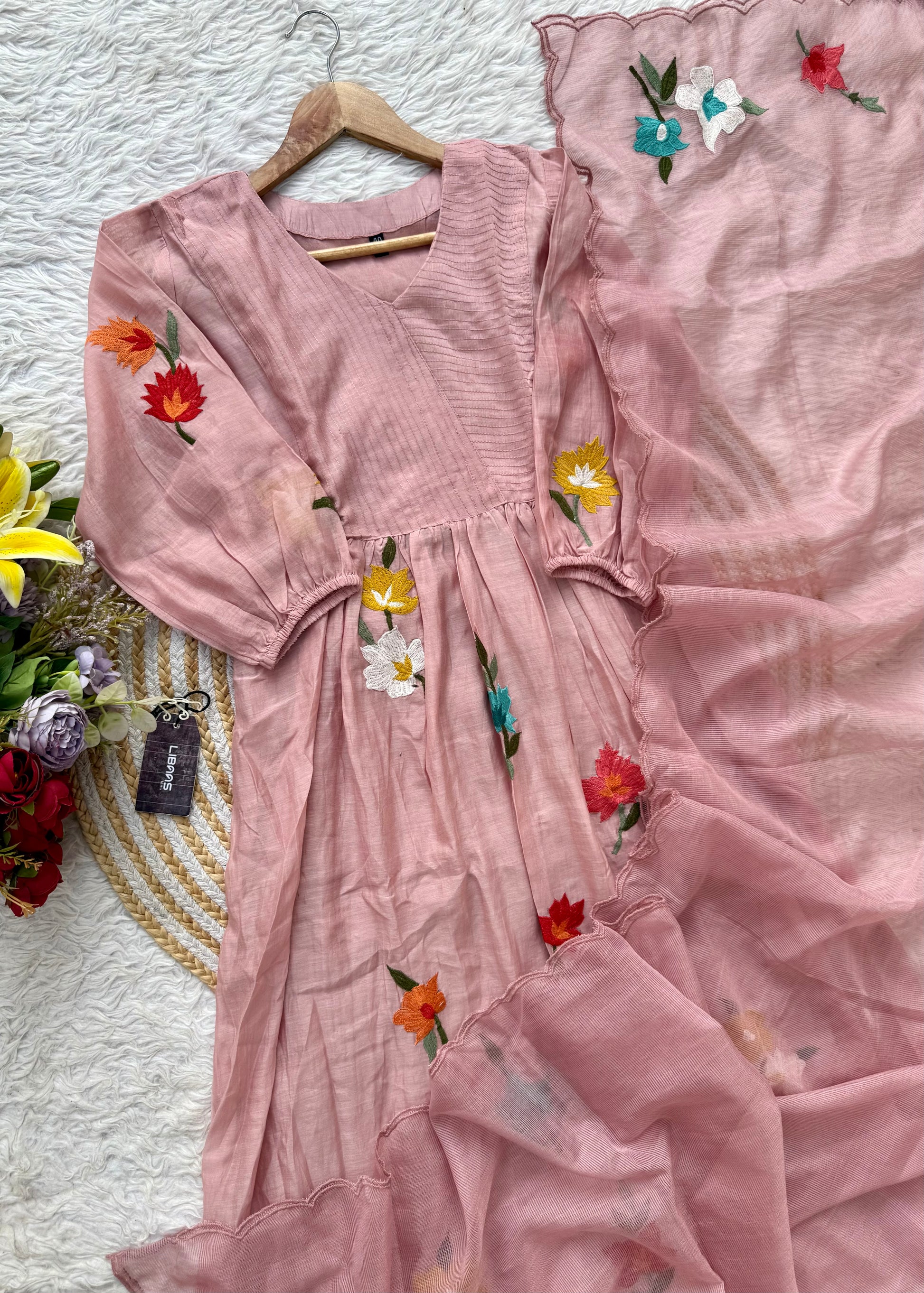 “IFRA” Dusty rose Mul Chanderi party wear anarkali kurta set