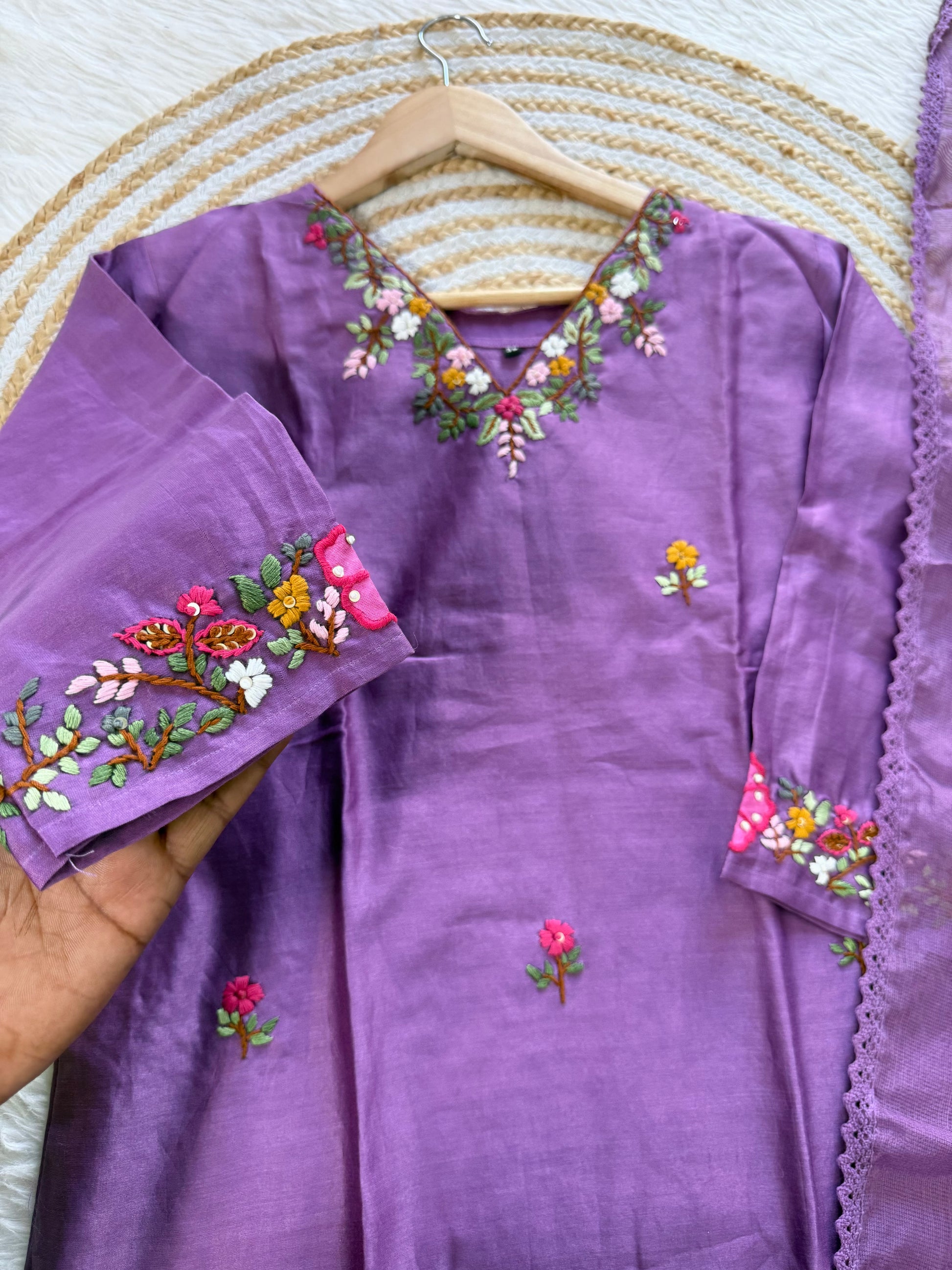 ‘’TANU” Premium thred work Dola Silk Kurta Dupatta Bottom Set