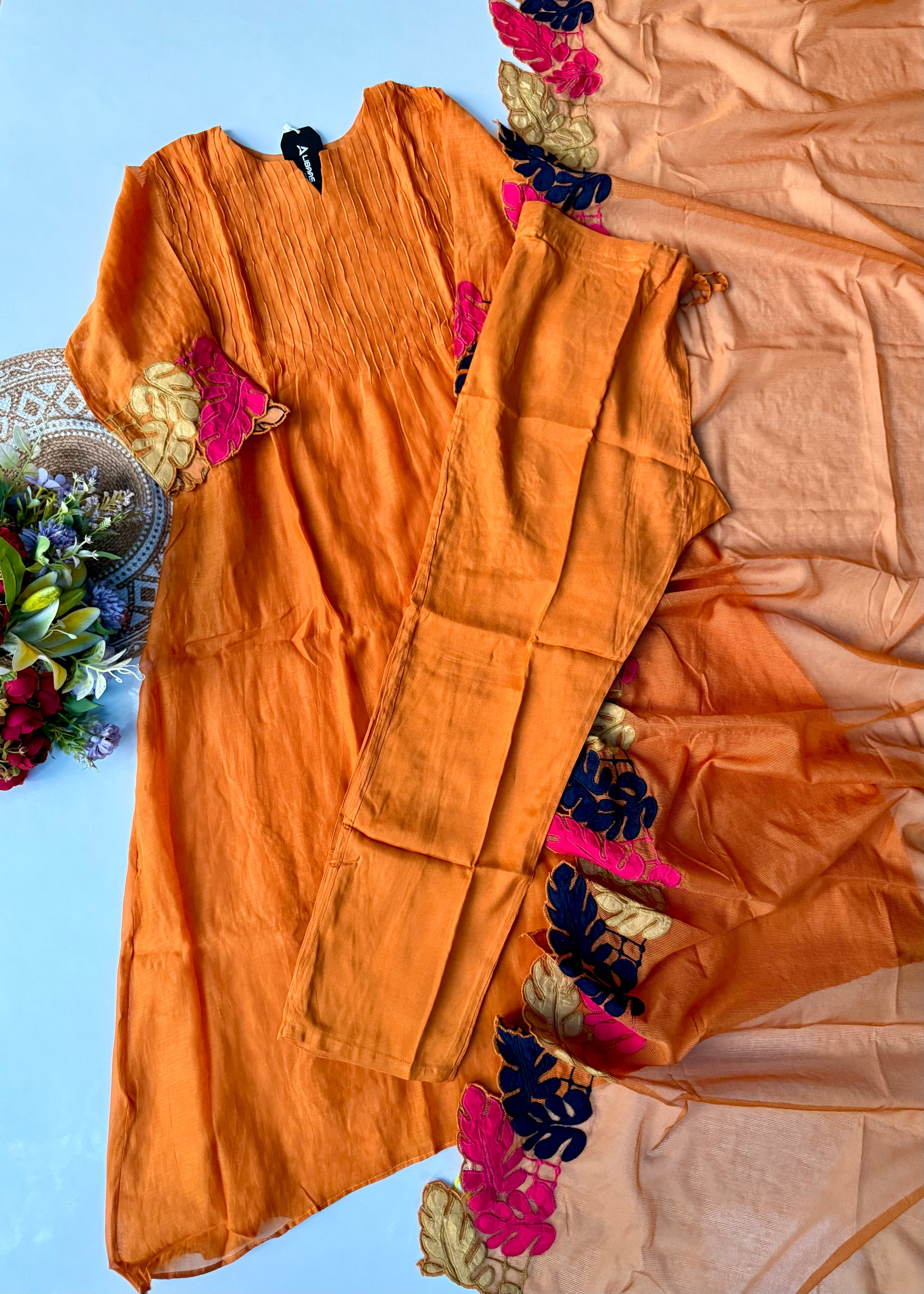 “Kashish” Golden Mustard Mul Chanderi Multicolor Leaf Applique A Line Suit 🛍️