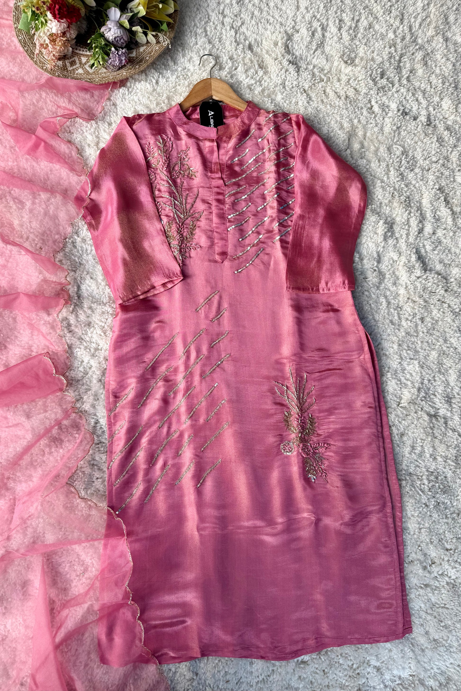 “Zena” Dusty Rose Pink Tissue Silk Kurta Set with Elegant Handwork