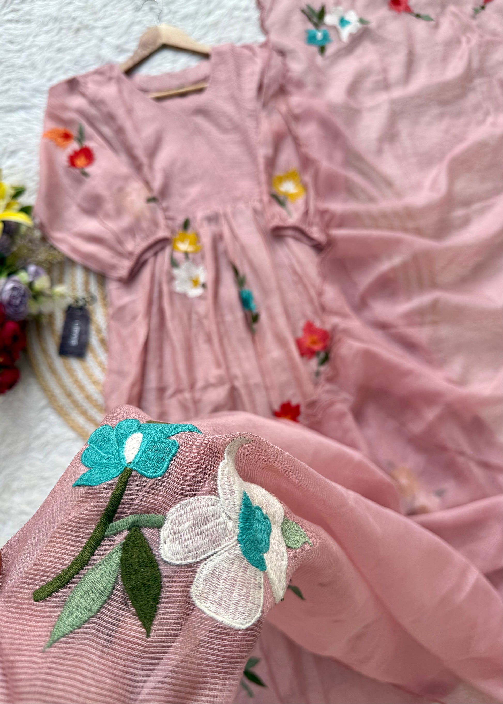 “IFRA” Dusty rose Mul Chanderi party wear anarkali kurta set