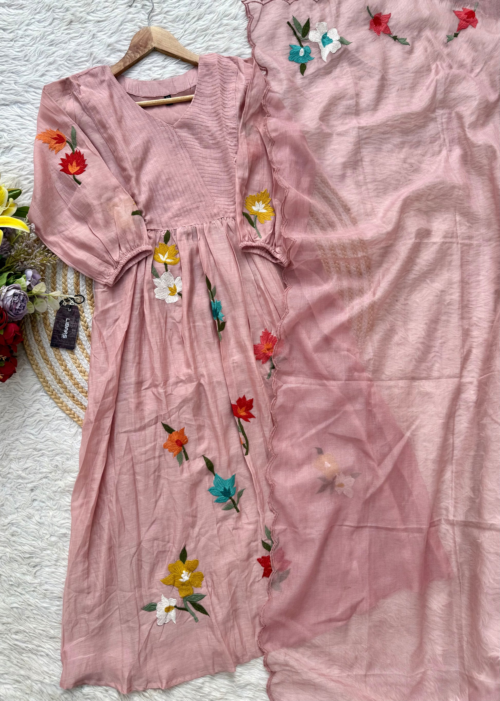 “IFRA” Dusty rose Mul Chanderi party wear anarkali kurta set