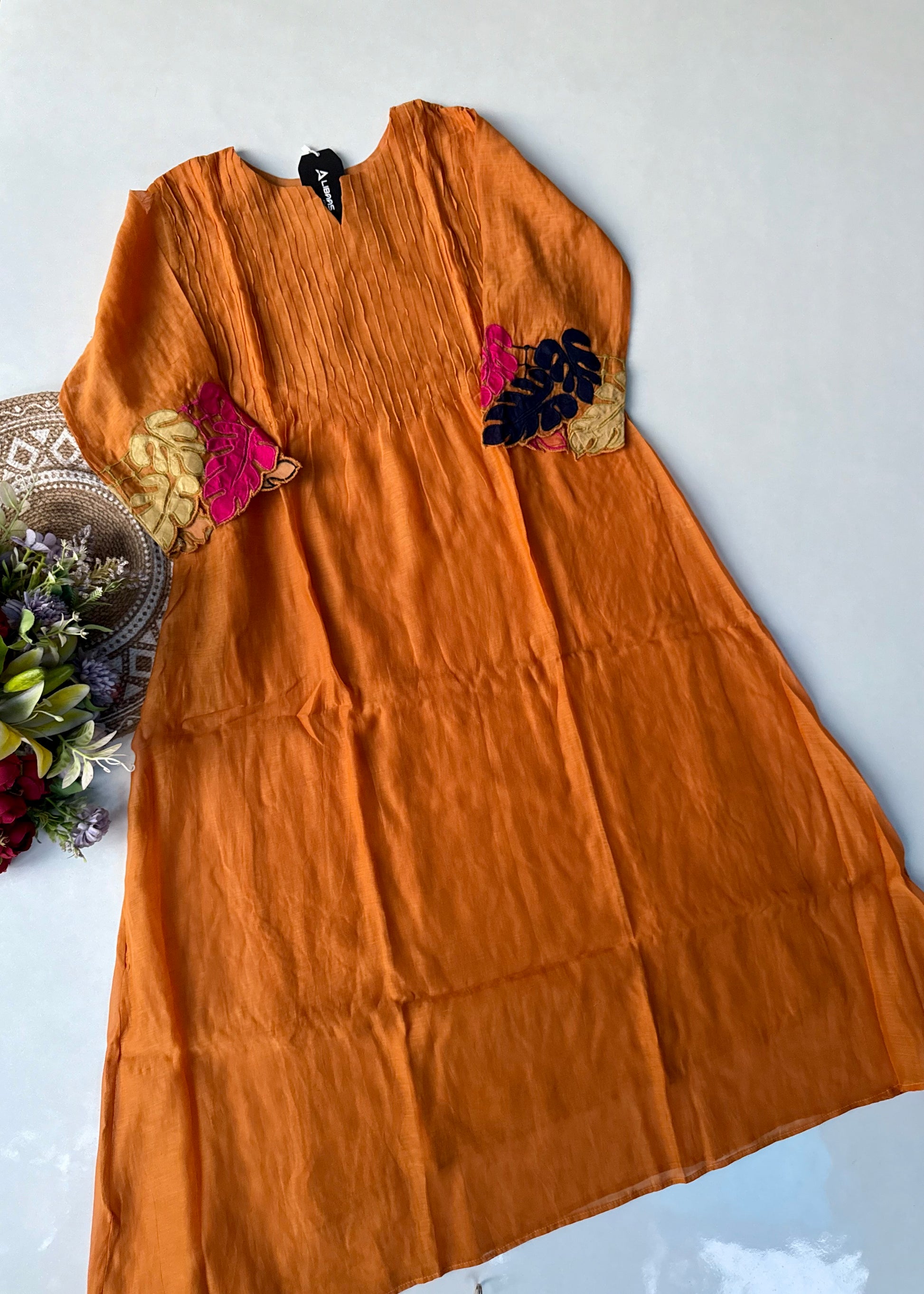 “Kashish” Golden Mustard Mul Chanderi Multicolor Leaf Applique A Line Suit 🛍️