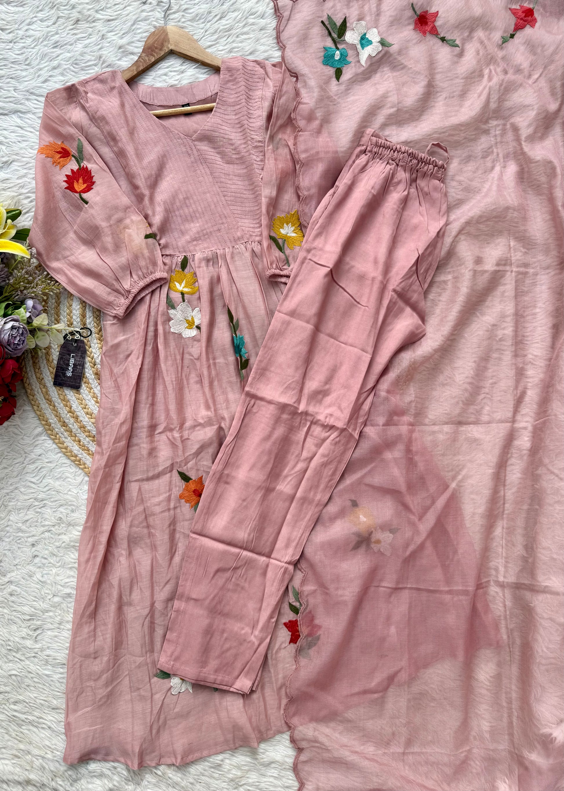 “IFRA” Dusty rose Mul Chanderi party wear anarkali kurta set