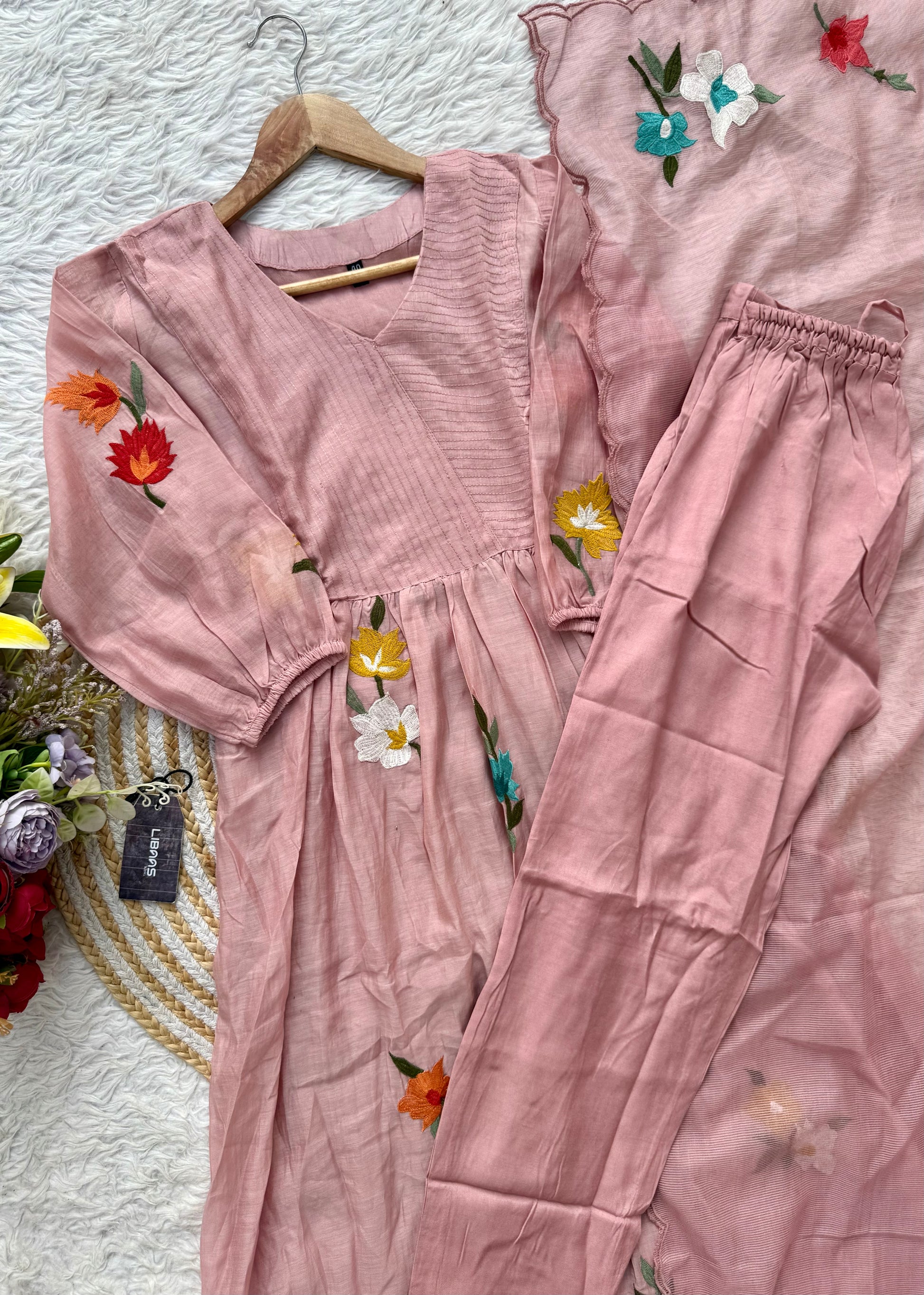 “IFRA” Dusty rose Mul Chanderi party wear anarkali kurta set