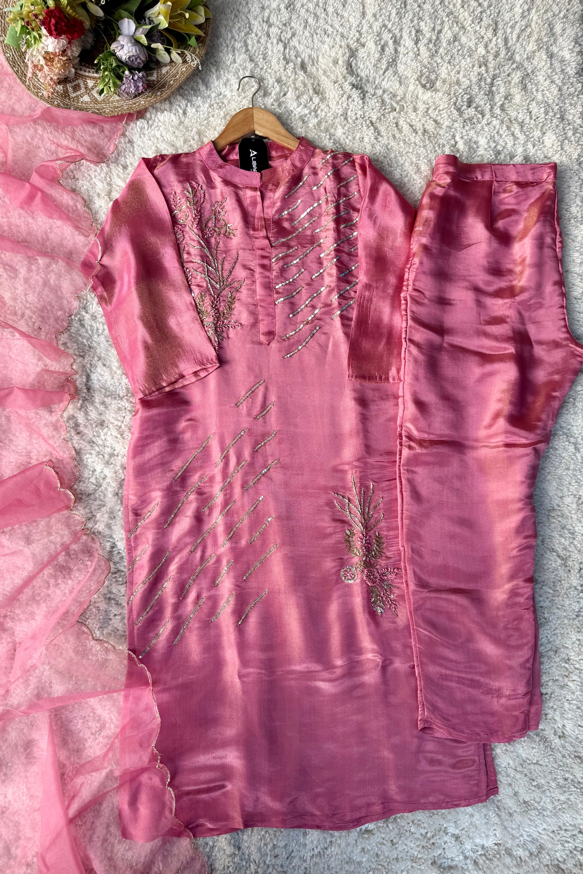 “Zena” Dusty Rose Pink Tissue Silk Kurta Set with Elegant Handwork