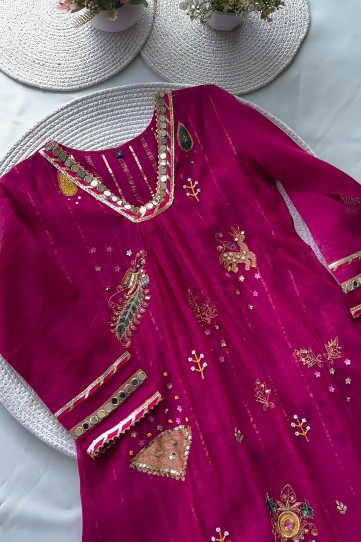 “Fuchsia” Trending Mul Chanderi Heavy Handwork A Line Suit Set