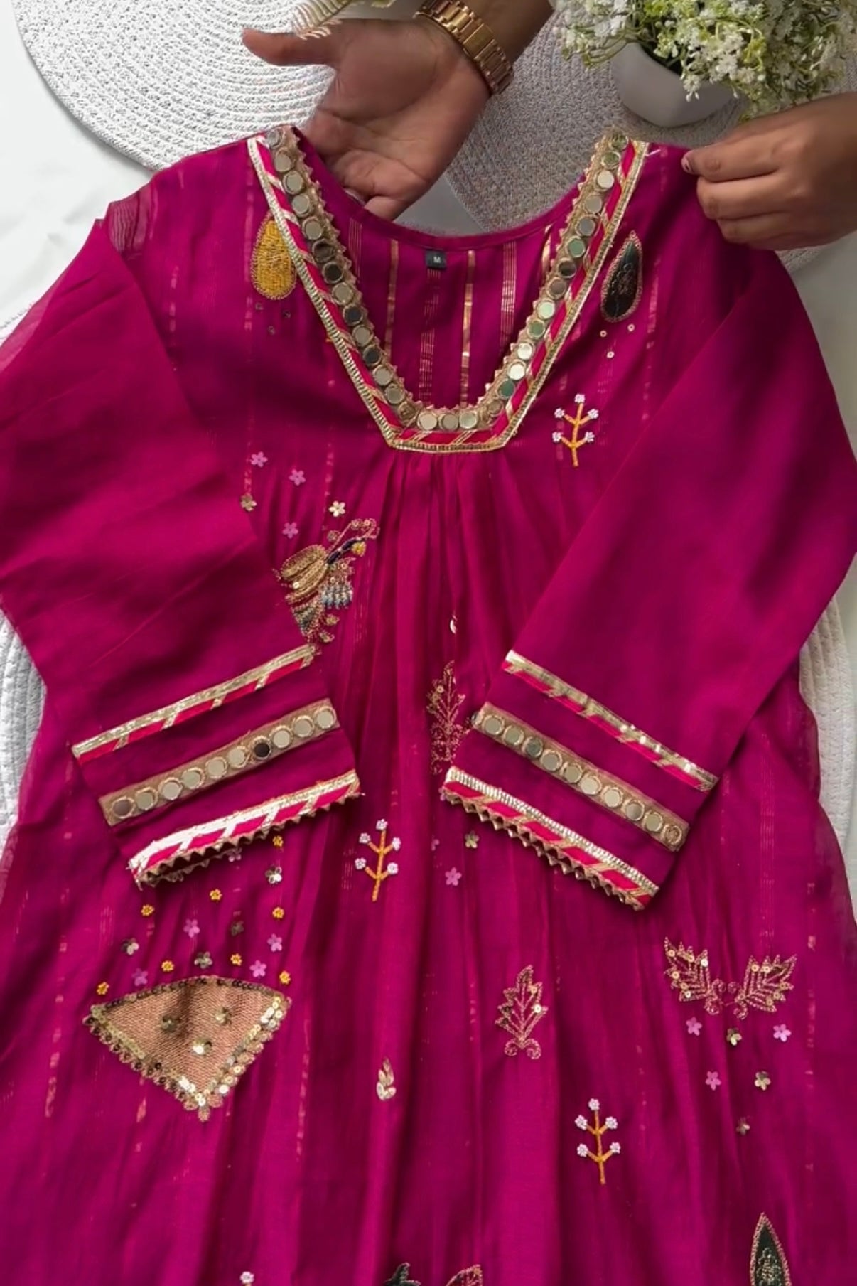 “Fuchsia” Trending Mul Chanderi Heavy Handwork A Line Suit Set