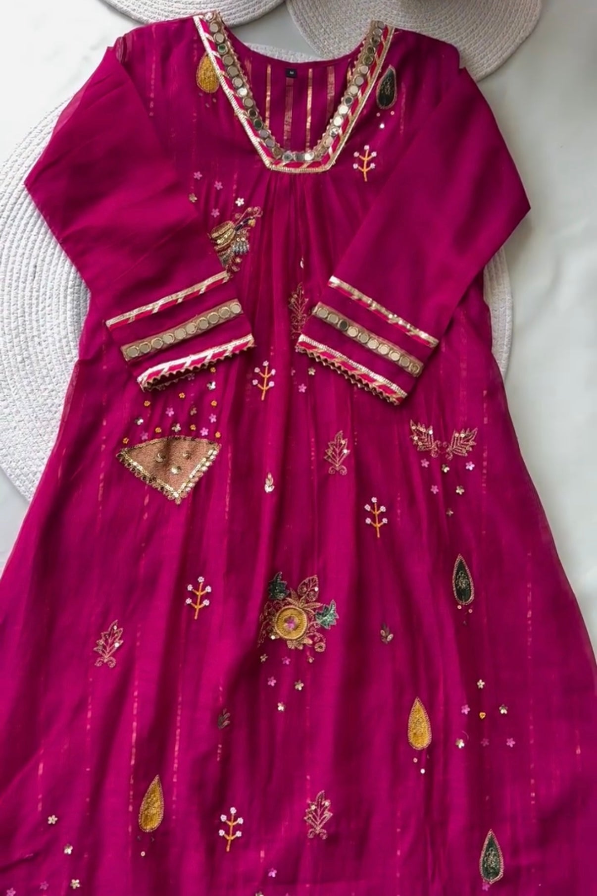 “Fuchsia” Trending Mul Chanderi Heavy Handwork A Line Suit Set