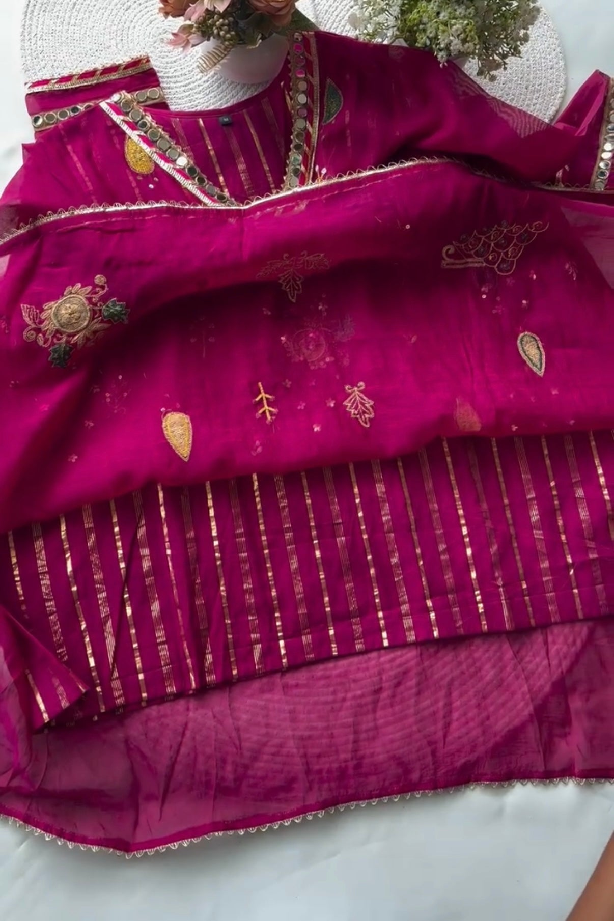 “Fuchsia” Trending Mul Chanderi Heavy Handwork A Line Suit Set
