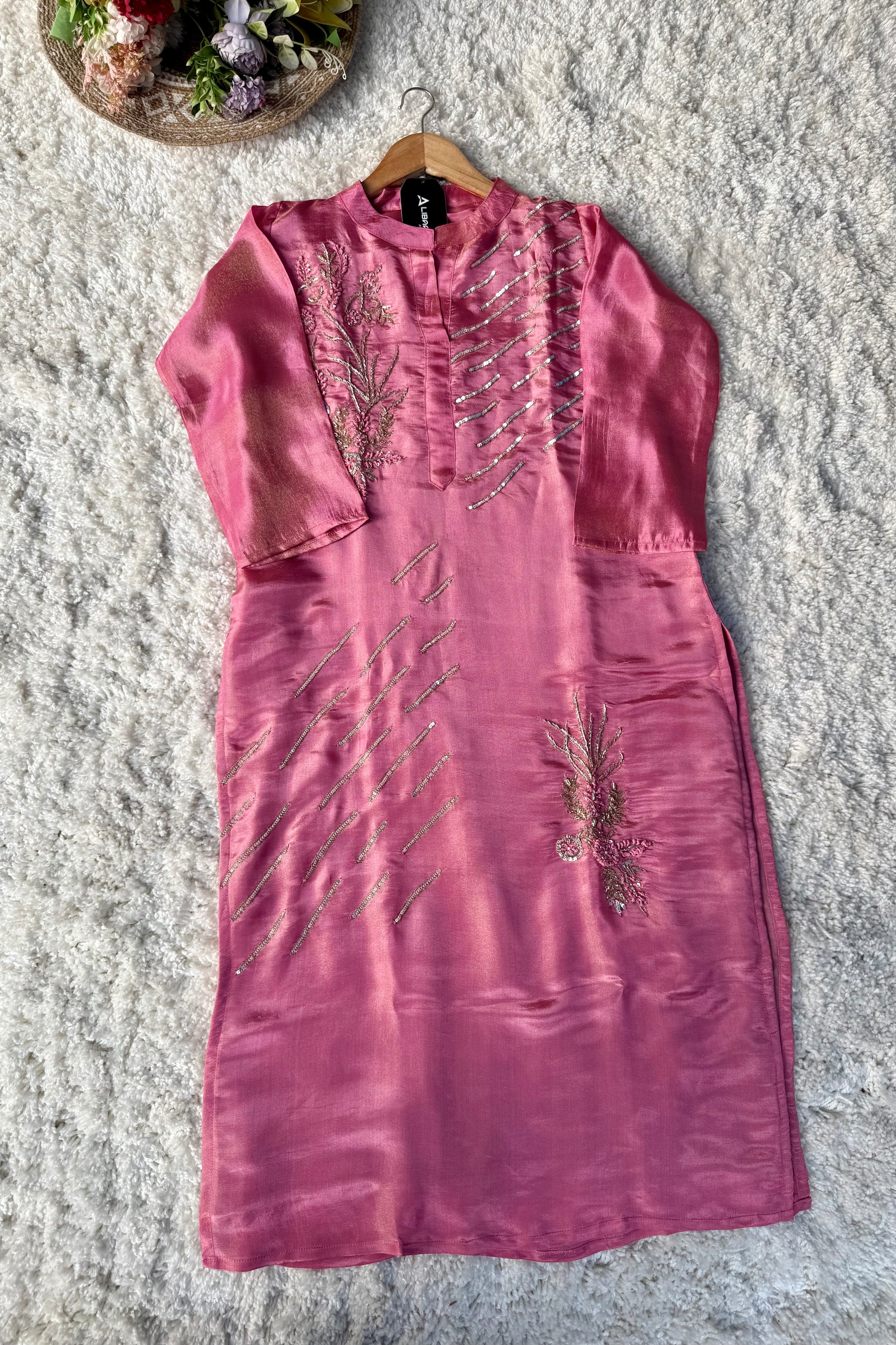 “Zena” Dusty Rose Pink Tissue Silk Kurta Set with Elegant Handwork