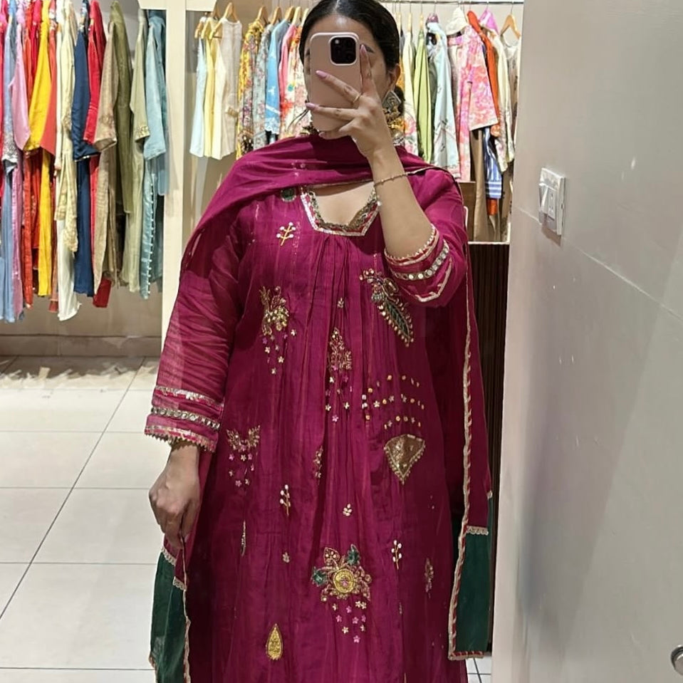 “Fuchsia” Trending Mul Chanderi Heavy Handwork A Line Suit Set
