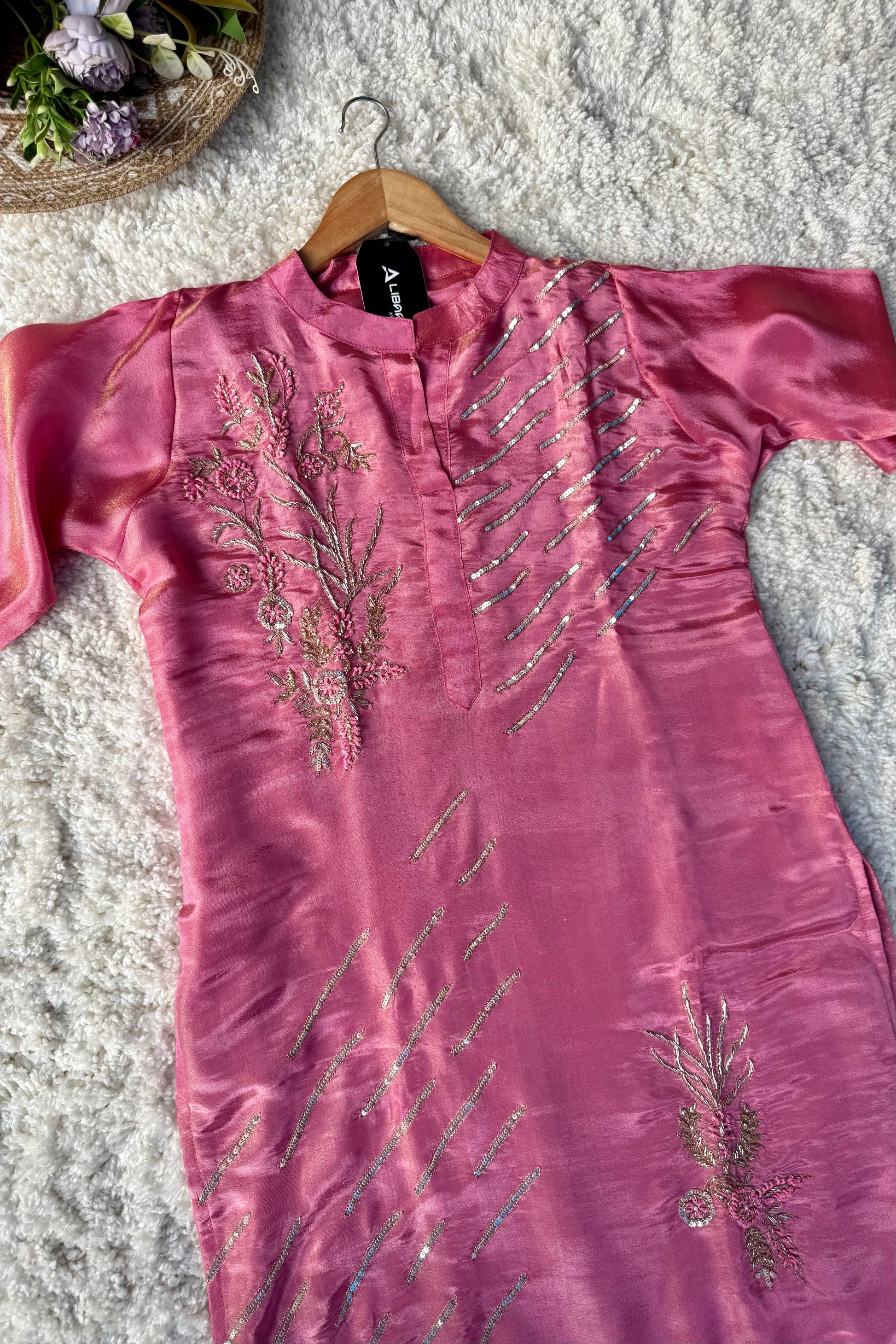 “Zena” Dusty Rose Pink Tissue Silk Kurta Set with Elegant Handwork