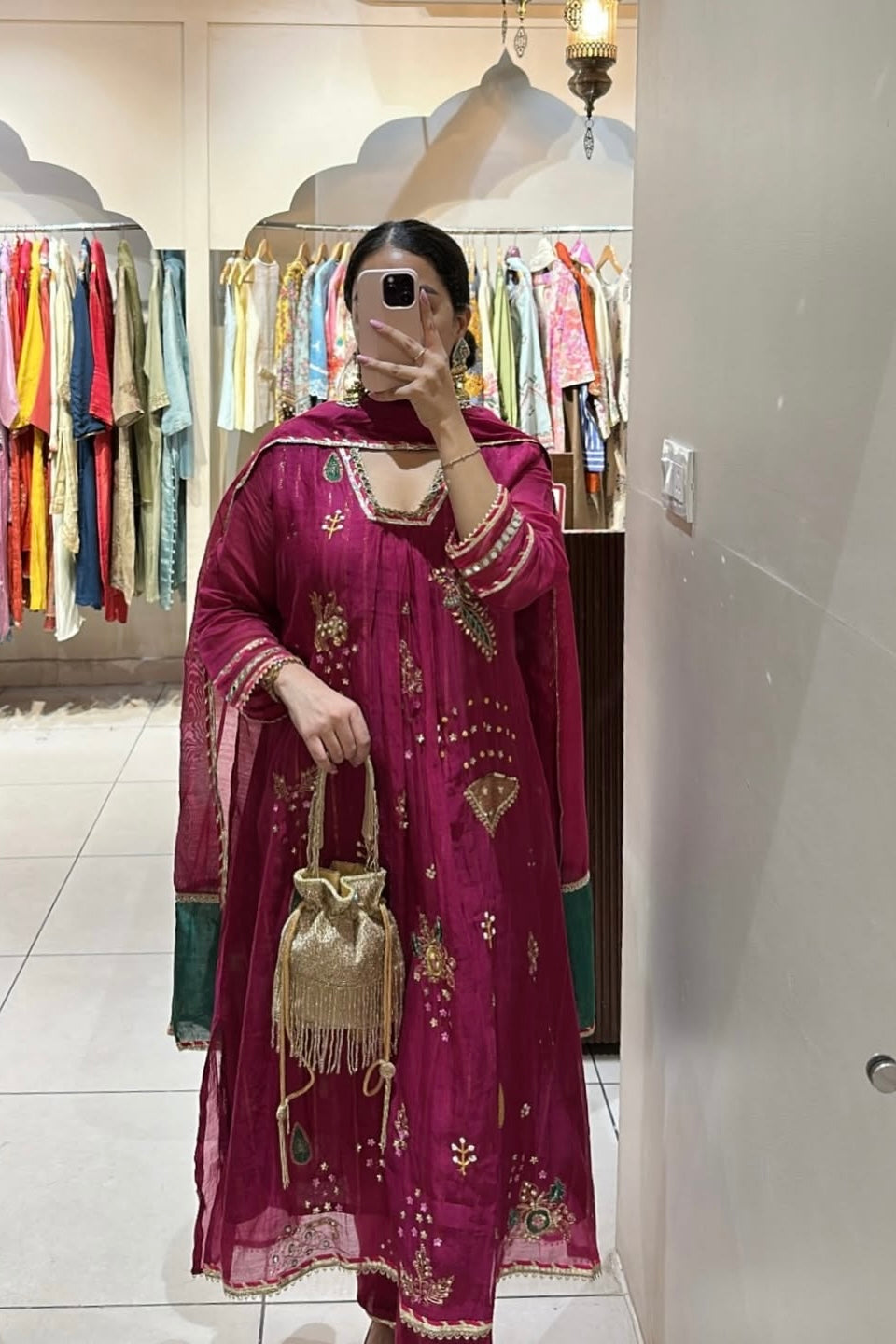 “Fuchsia” Trending Mul Chanderi Heavy Handwork A Line Suit Set