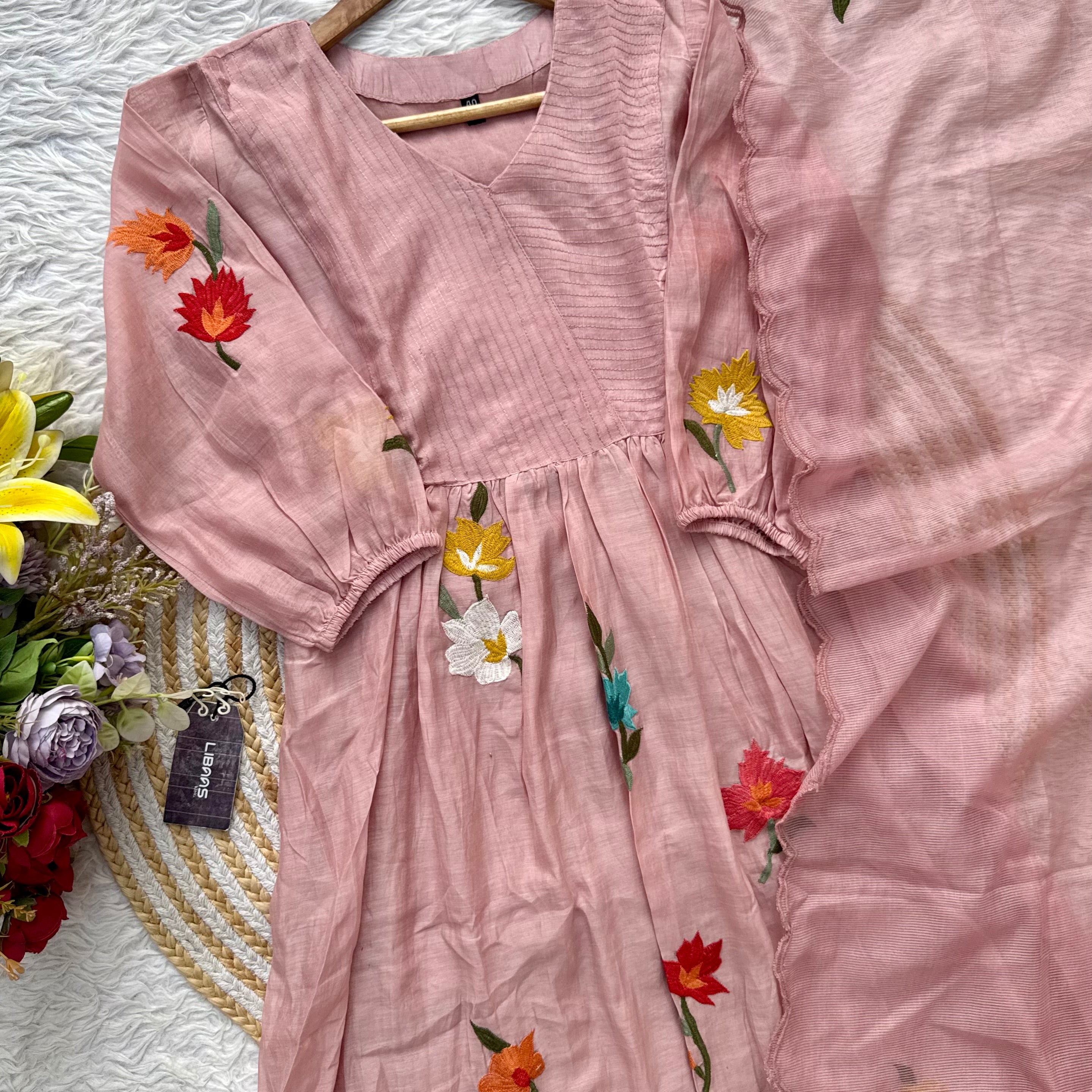 “IFRA” Dusty rose Mul Chanderi party wear anarkali kurta set