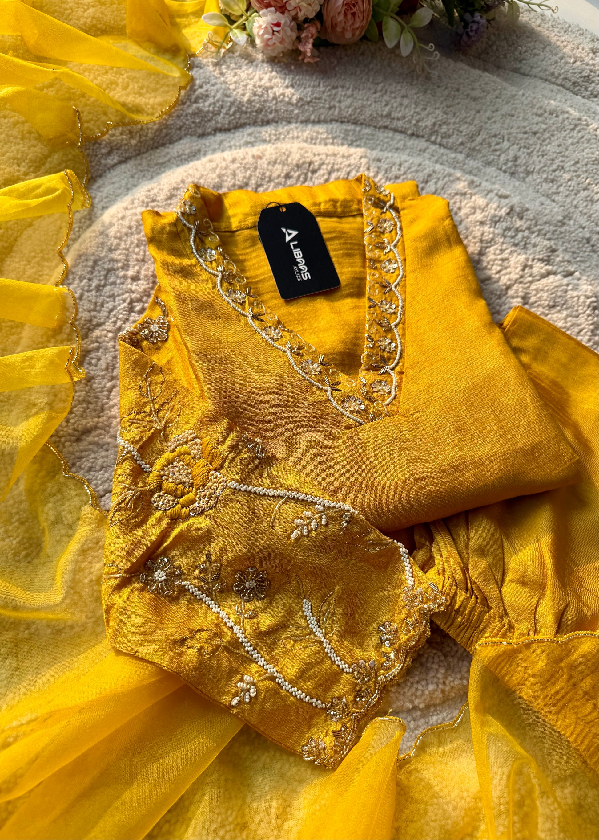 “Ivory” Beautiful Dola silk handcrafted kurta set