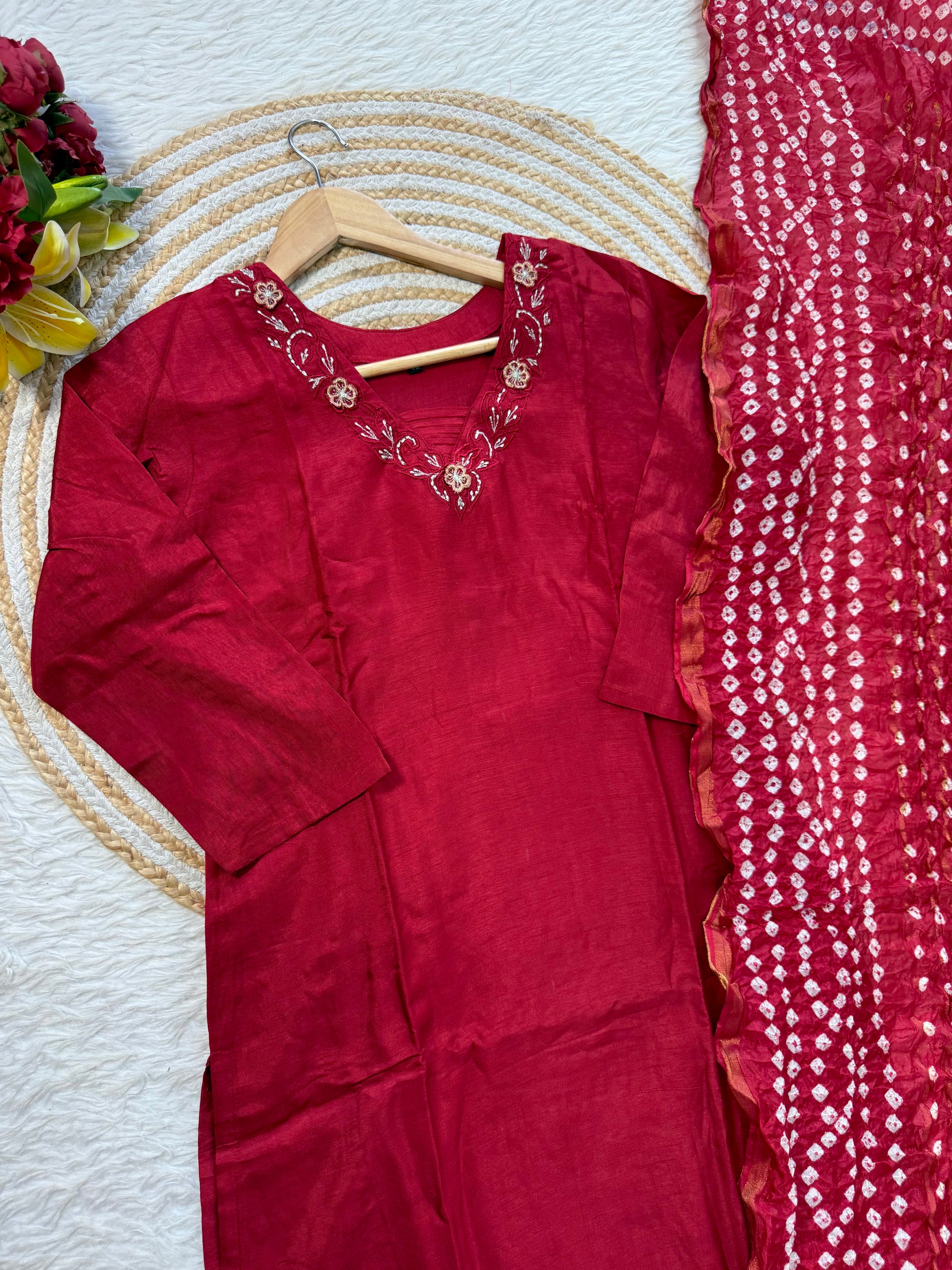 “ROWAN” Premium dola silk maroon suit set