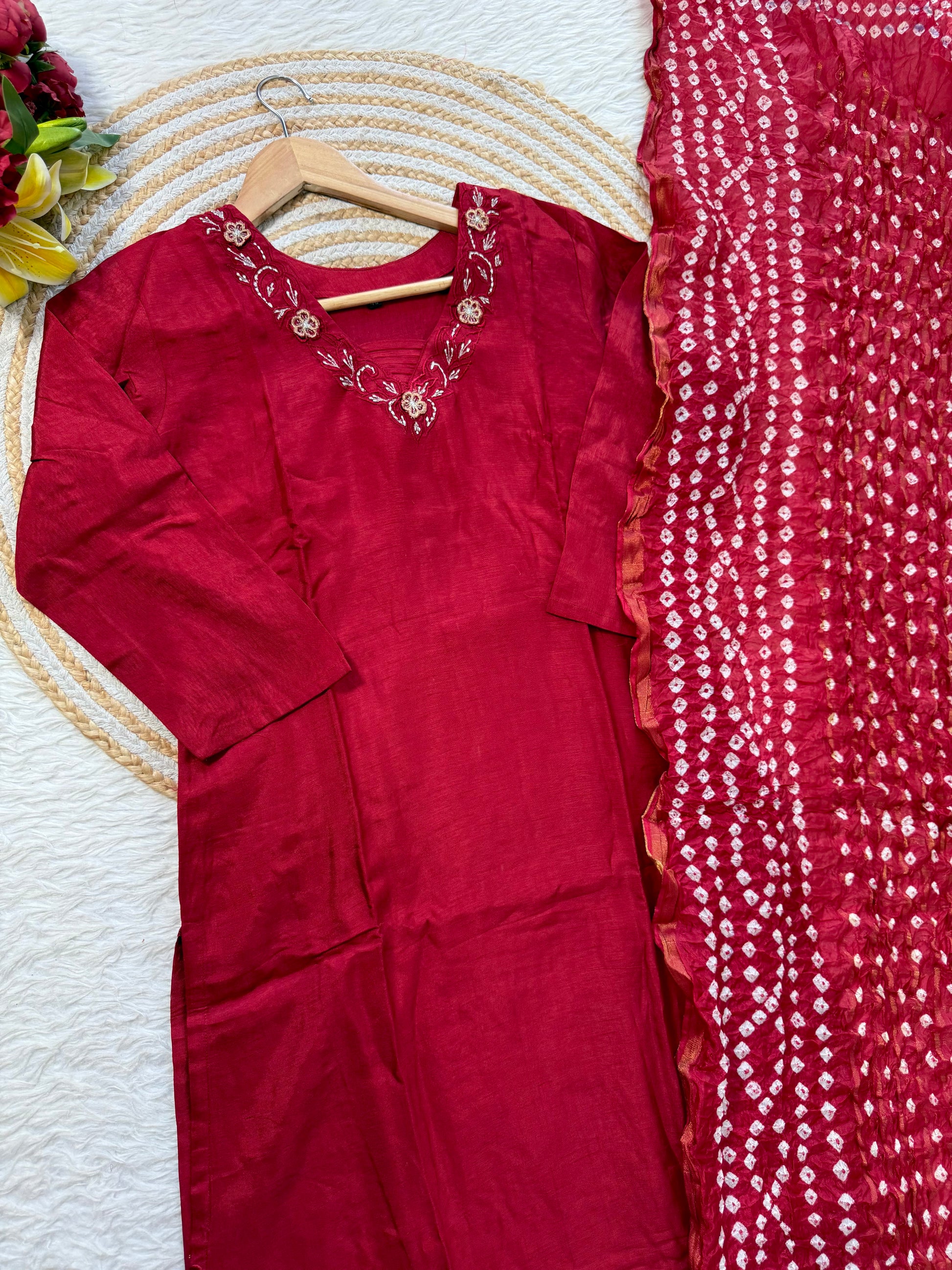“ROWAN” Premium dola silk maroon suit set