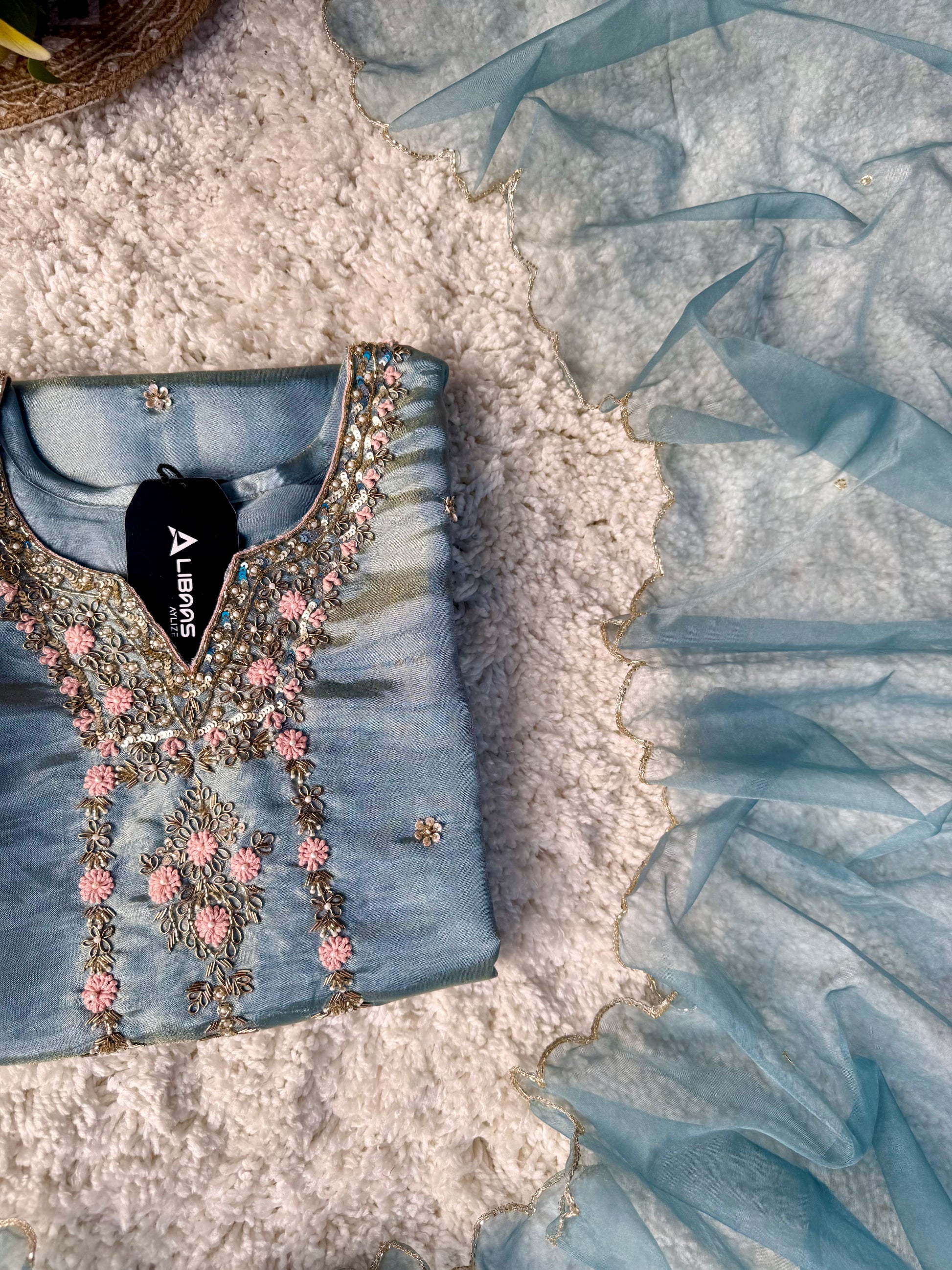 “Divya” Premium Blue Tissue Silk Kurta Set with Elegant Handwork