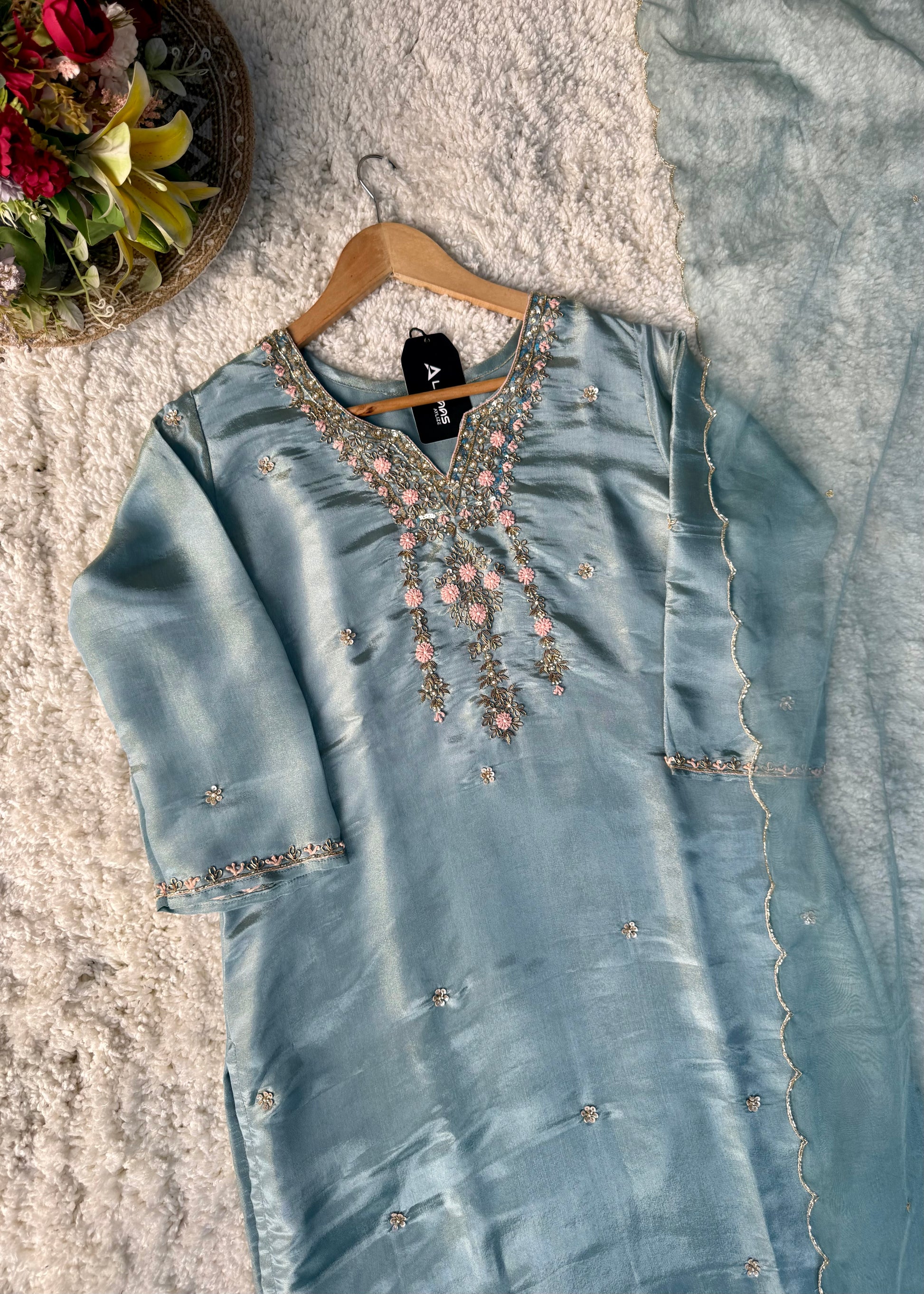“Divya” Premium Blue Tissue Silk Kurta Set with Elegant Handwork
