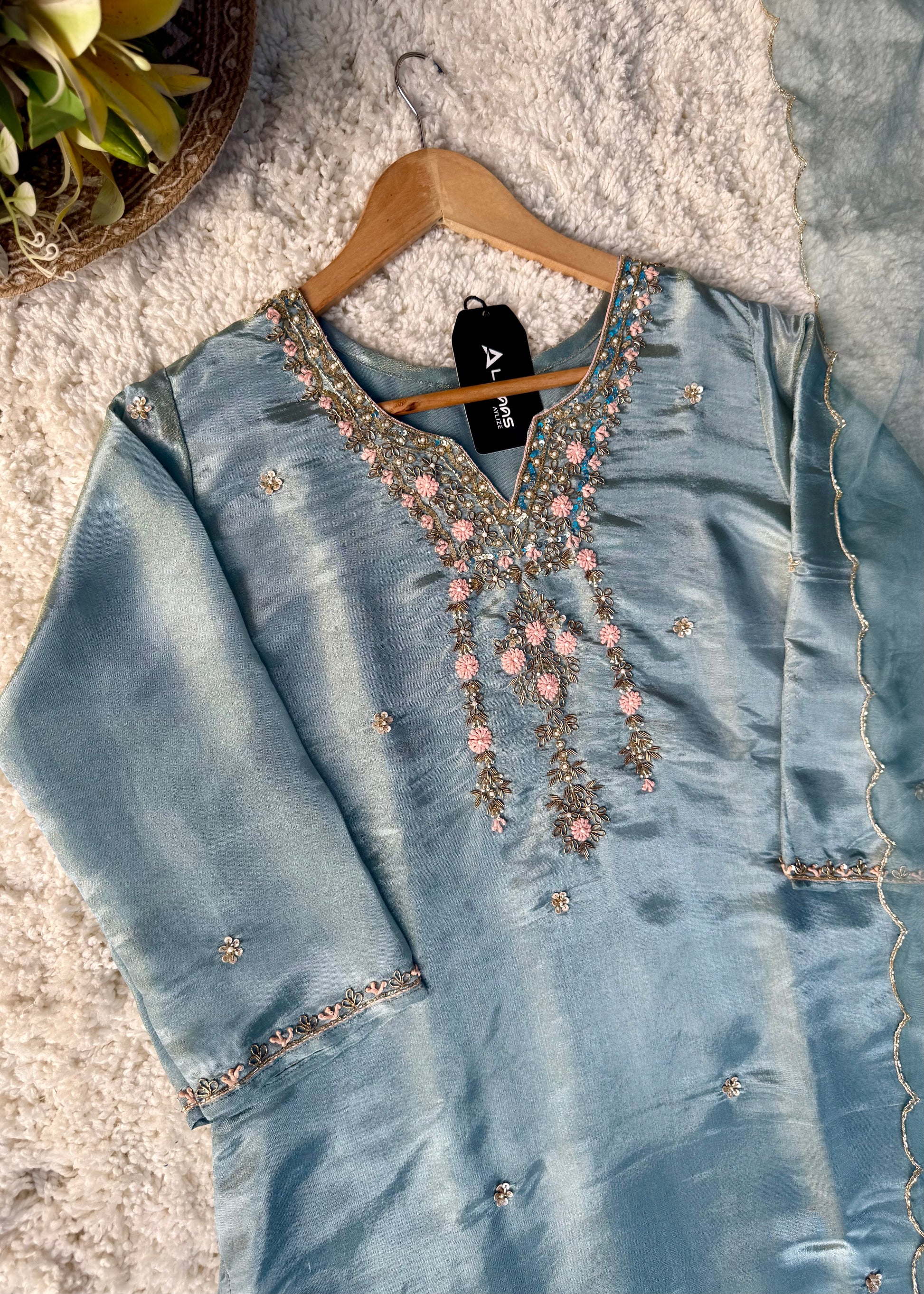 “Divya” Premium Blue Tissue Silk Kurta Set with Elegant Handwork