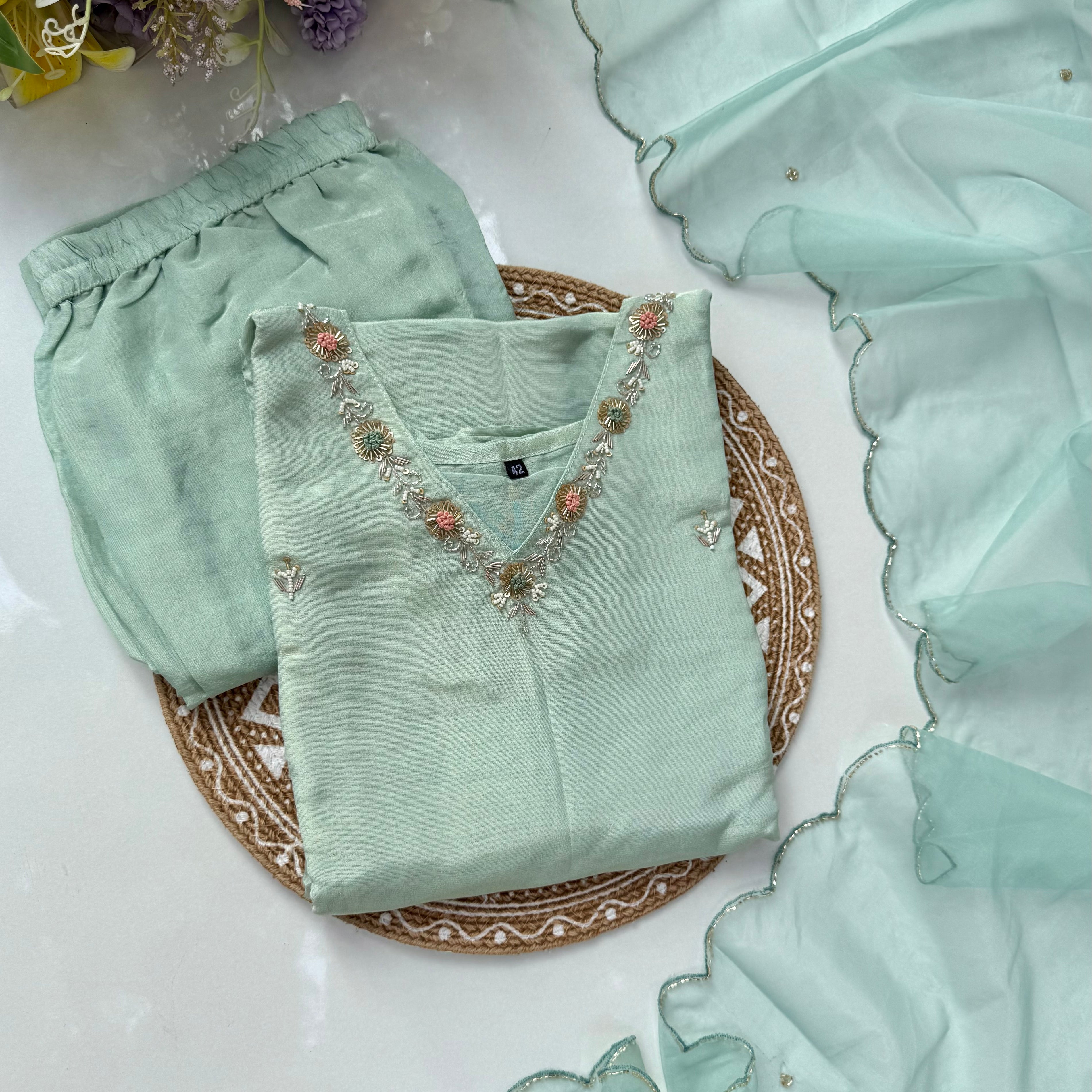 “Saumya” Tissue silk handcrafted kurti bottom dupatta set 🛍️