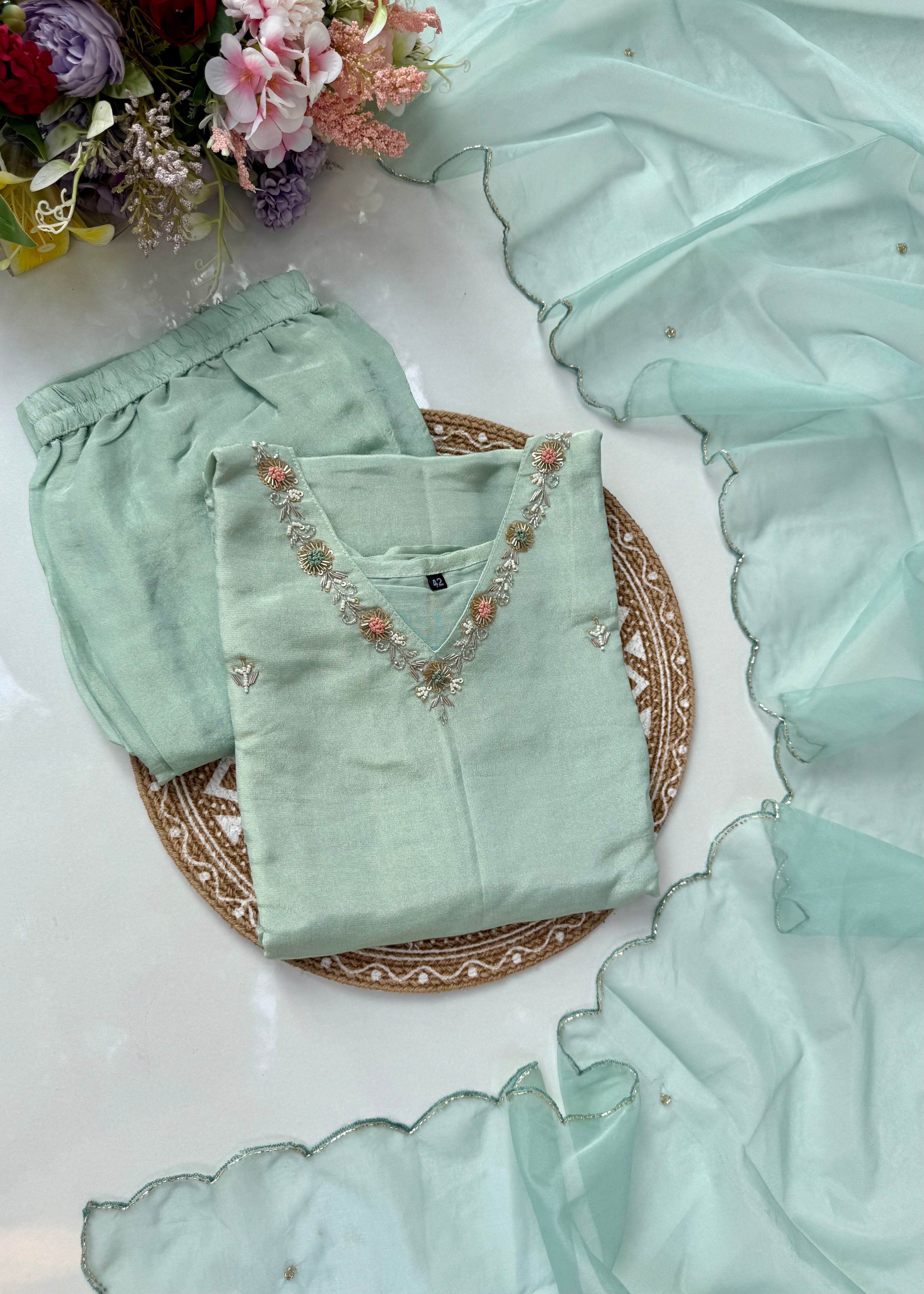 “Saumya” Tissue silk handcrafted kurti bottom dupatta set 🛍️