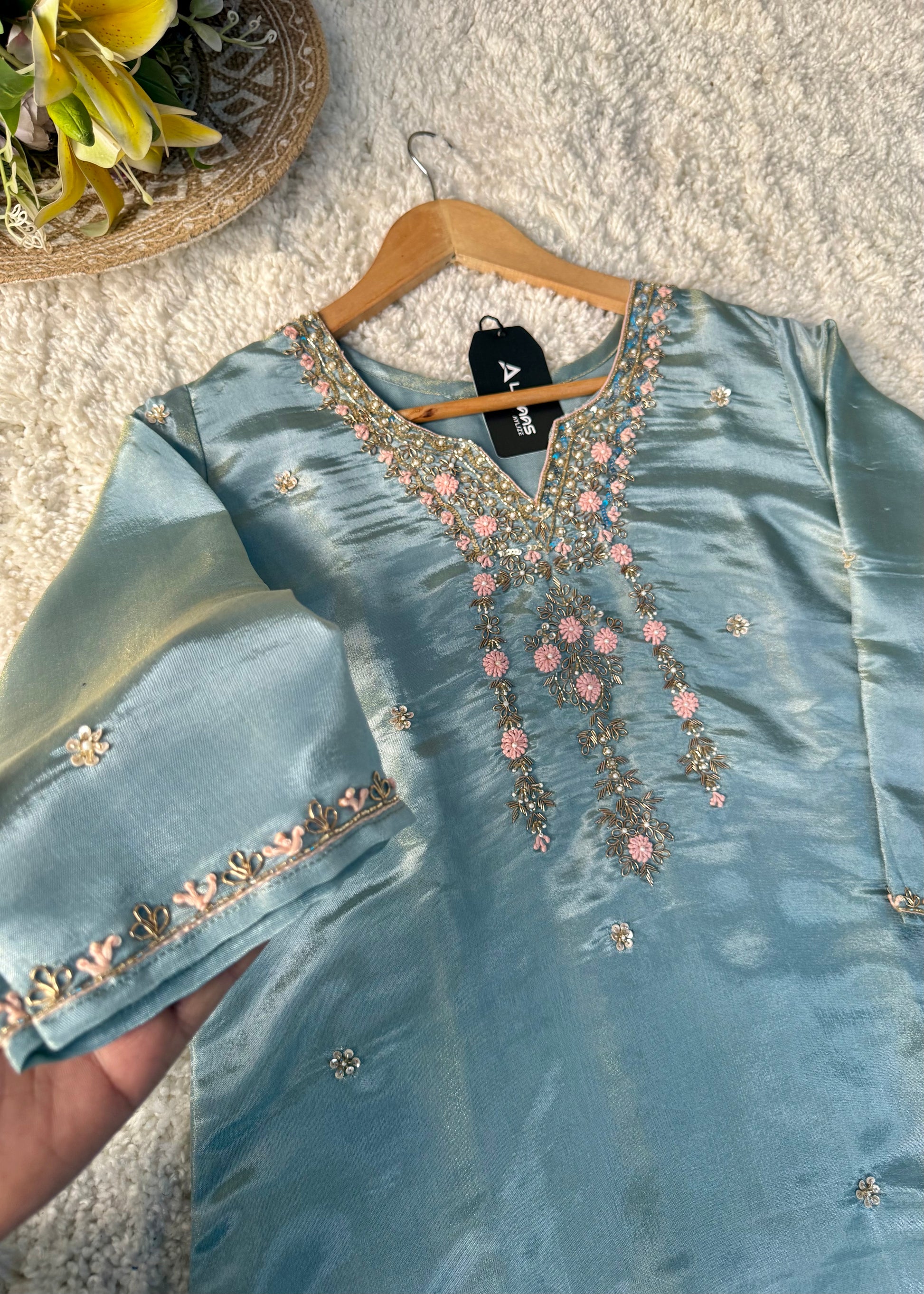 “Divya” Premium Blue Tissue Silk Kurta Set with Elegant Handwork