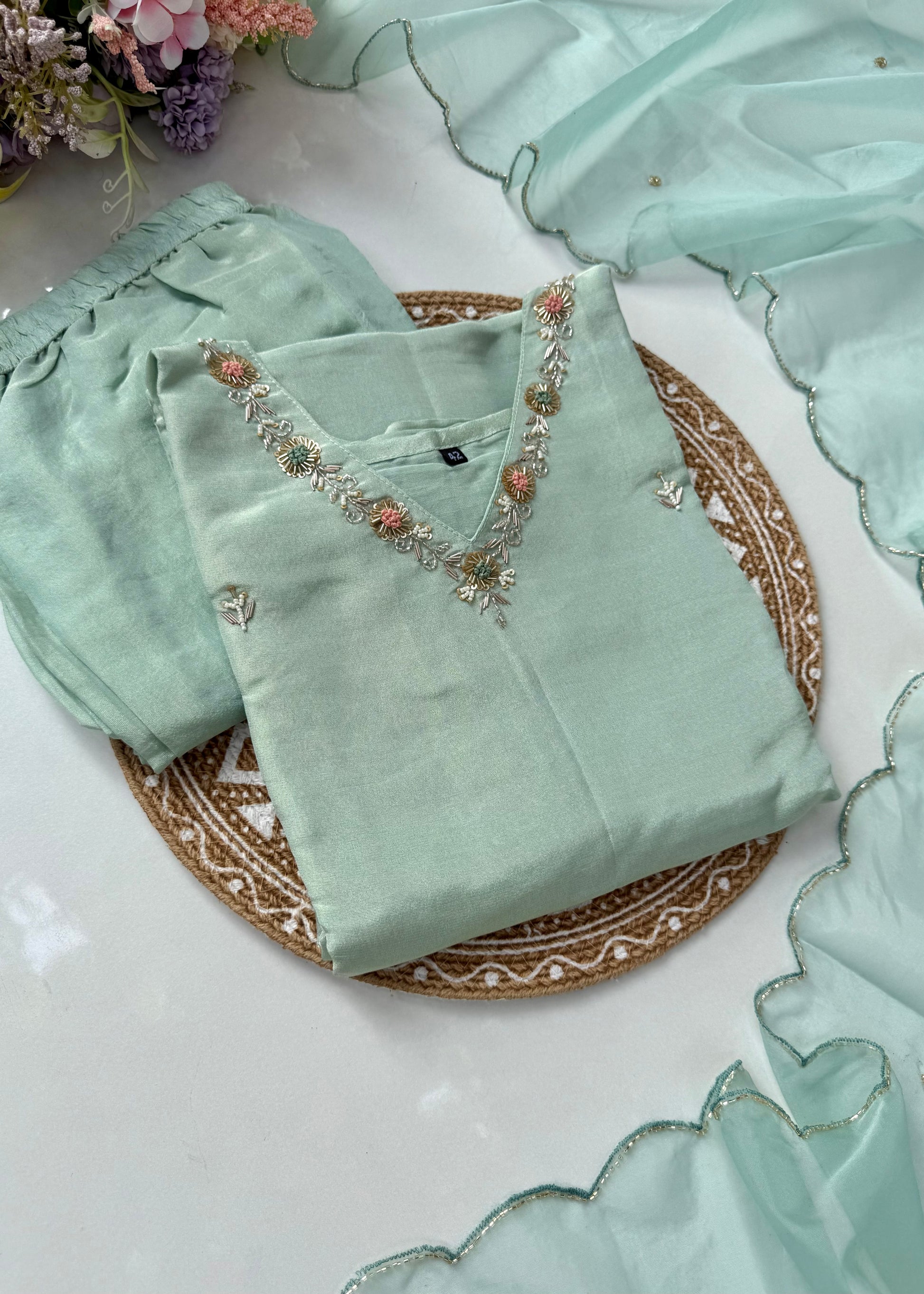 “Saumya” Tissue silk handcrafted kurti bottom dupatta set 🛍️