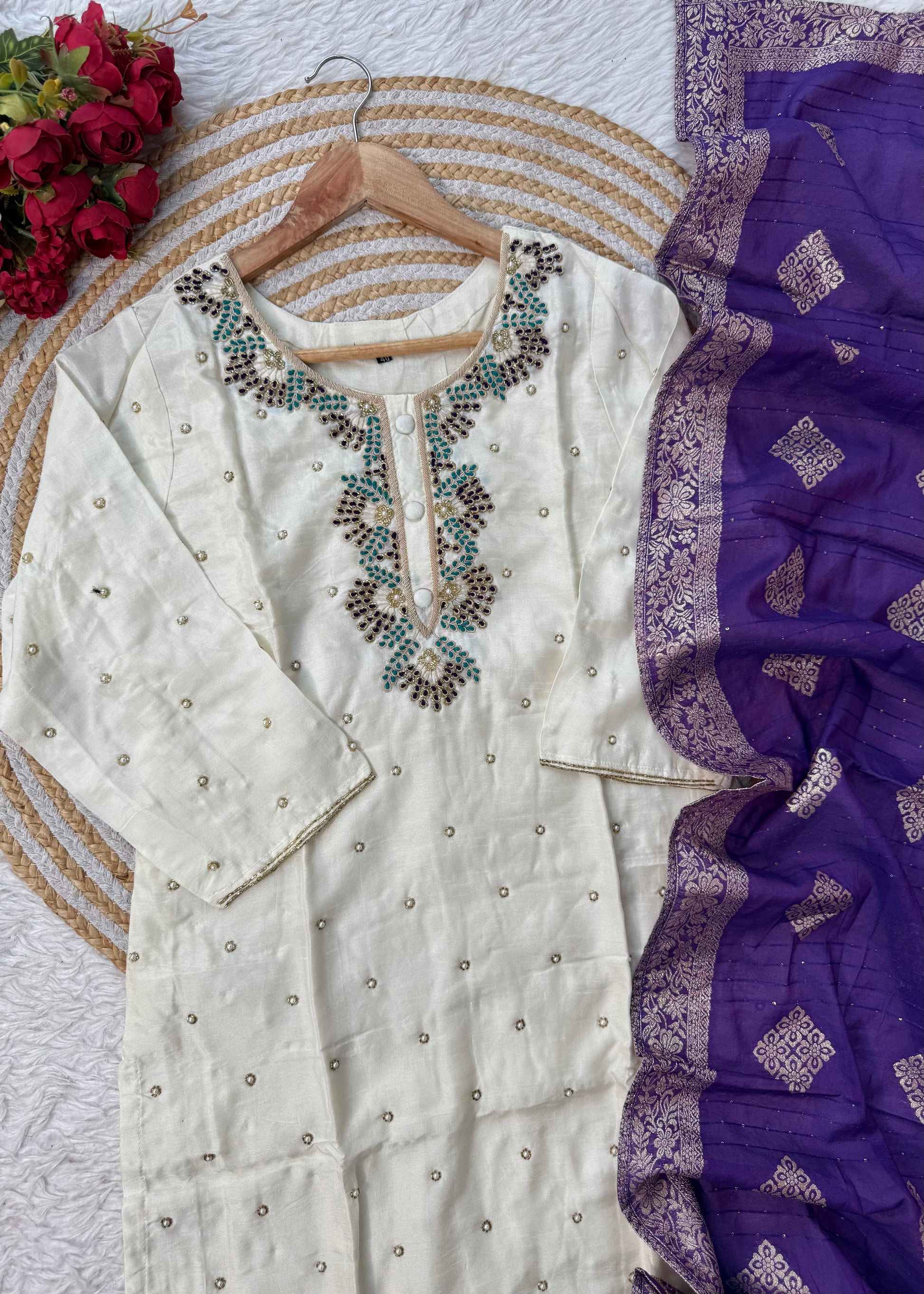 “SINZO” Party wear dola silk handcrafted kurti set