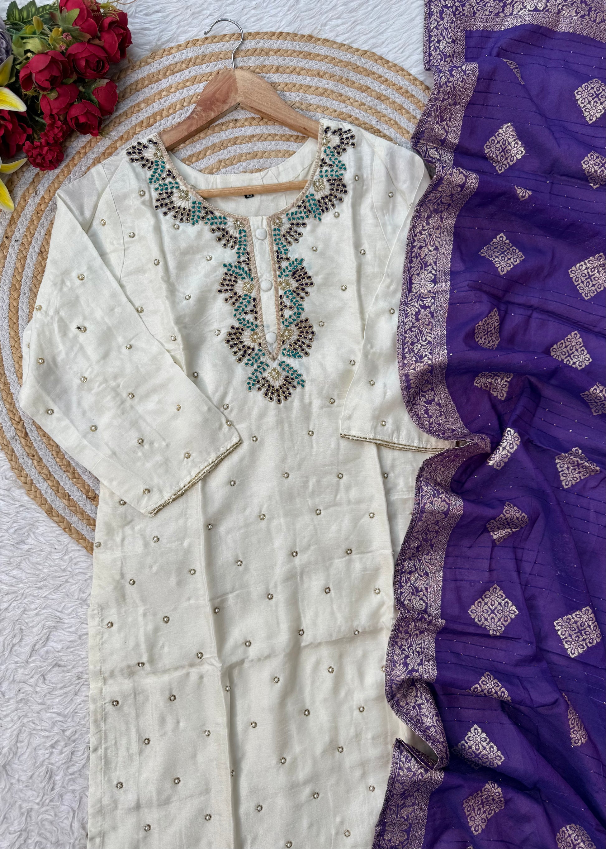 “SINZO” Party wear dola silk handcrafted kurti set