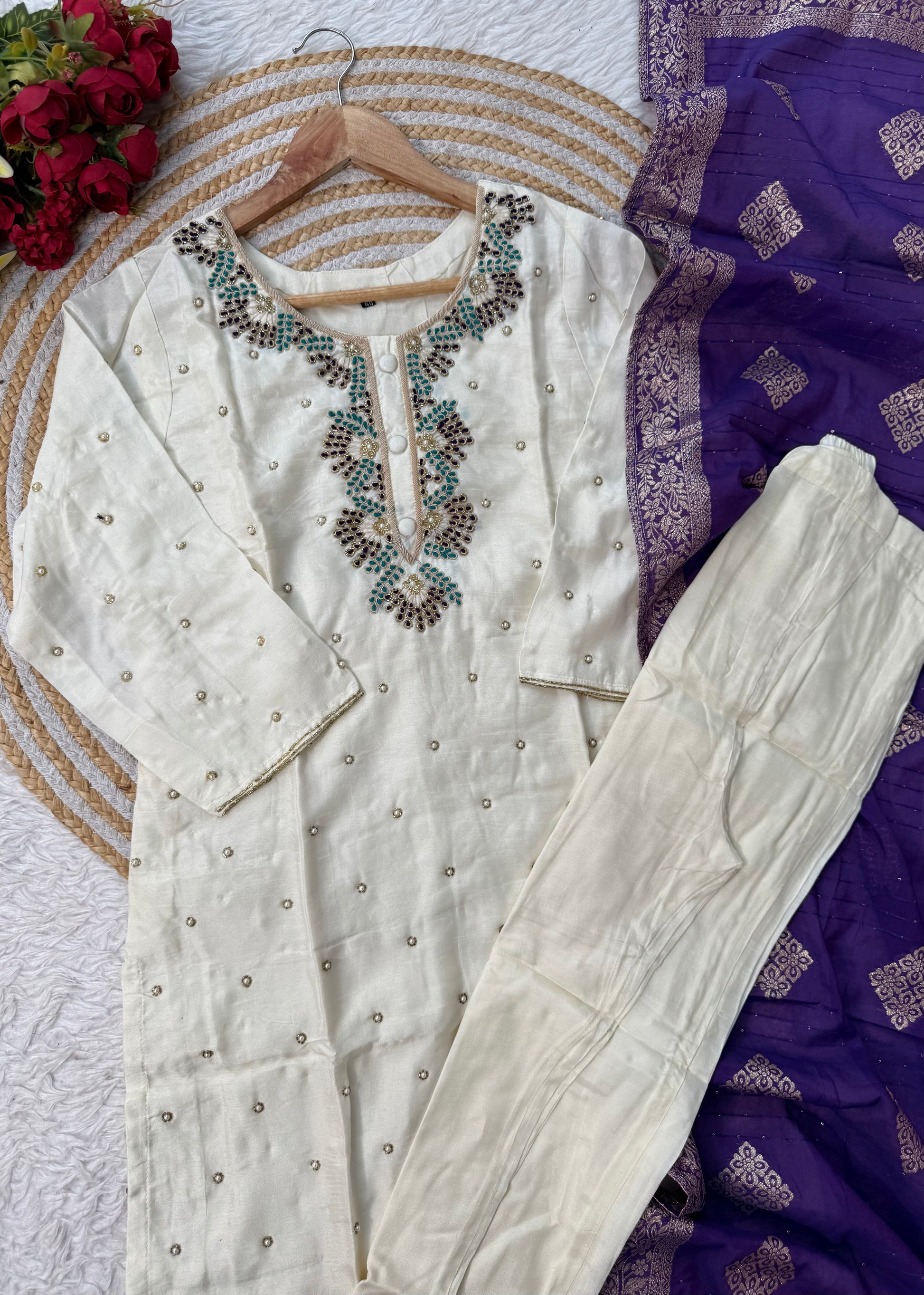 “SINZO” Party wear dola silk handcrafted kurti set