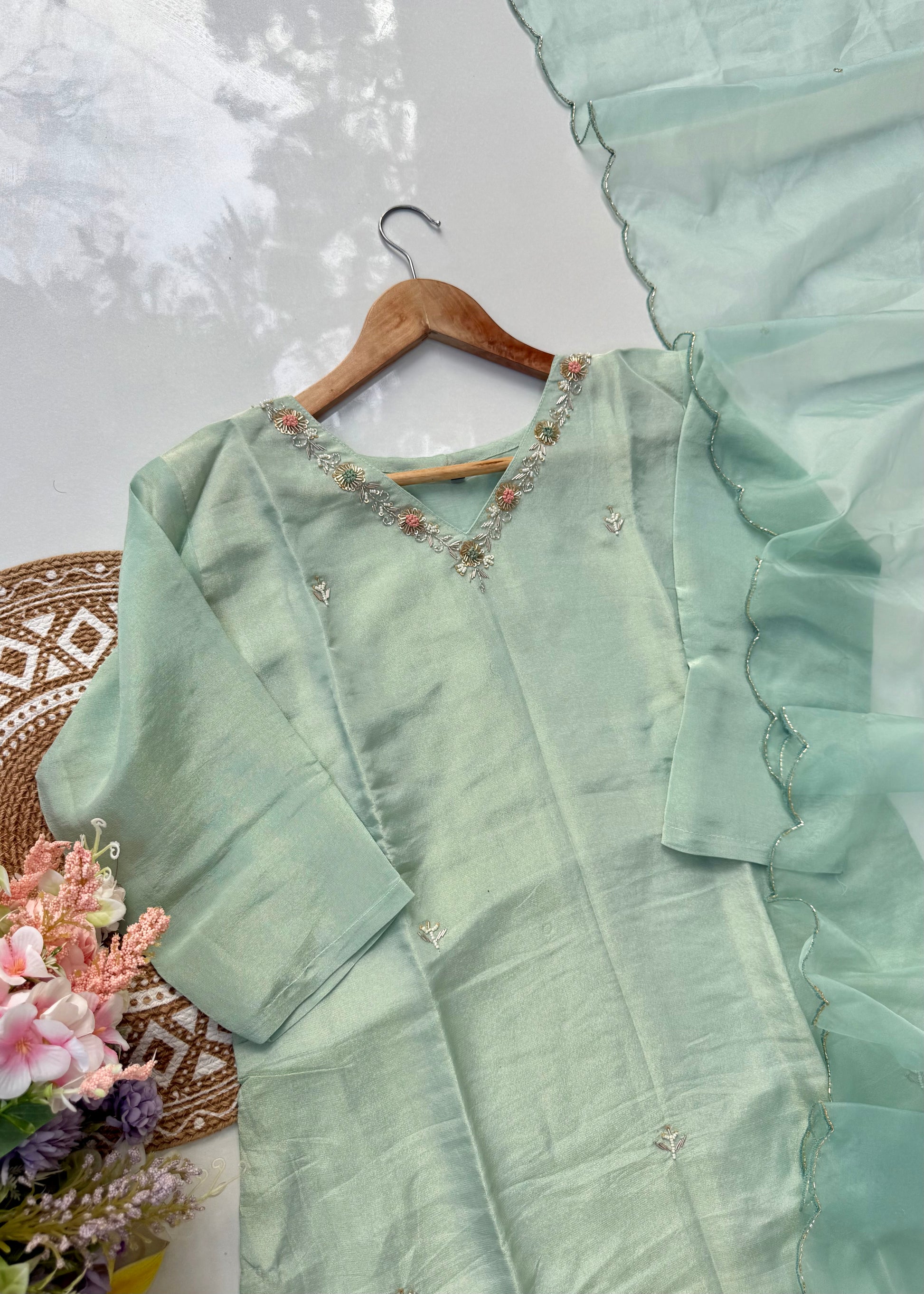 “Saumya” Tissue silk handcrafted kurti bottom dupatta set 🛍️