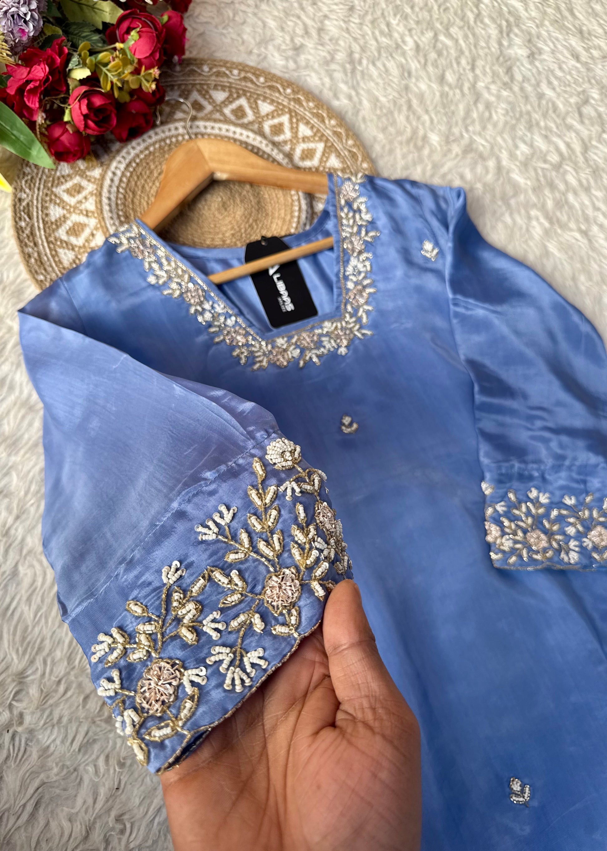 “Inayat” Premium Chinnon handcrafted A- Line  kurta set